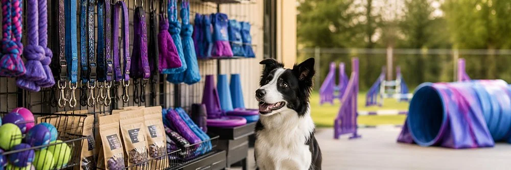 Dog agility gear and training supplies displayed beside an outdoor agility course.