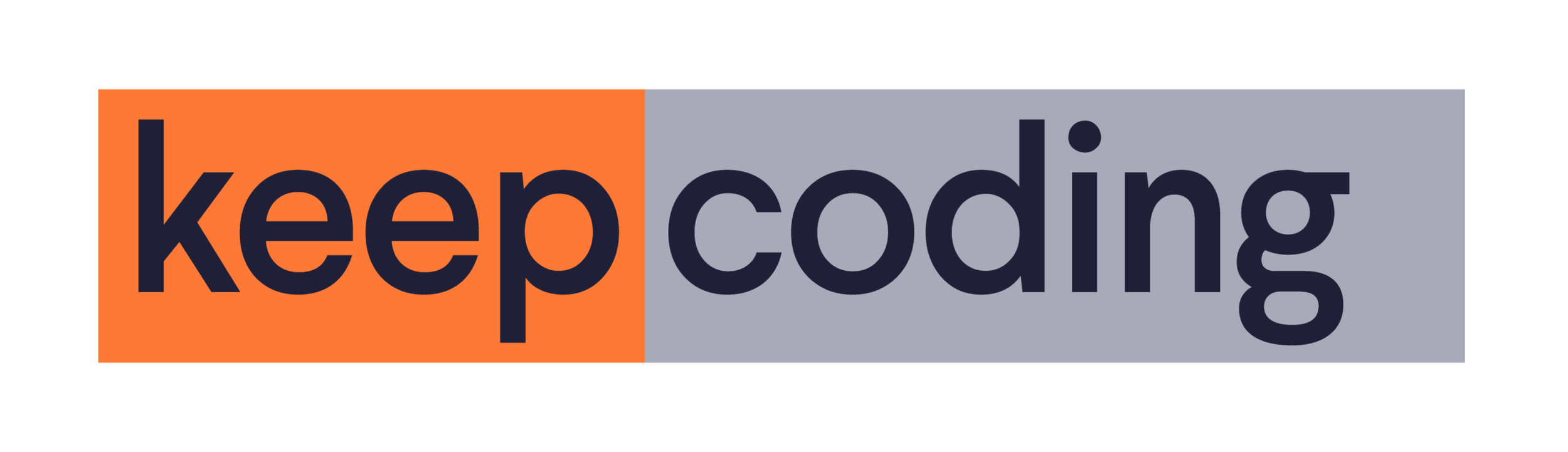 Logotipo de keep coding en fondo dividido entre naranja y gris.