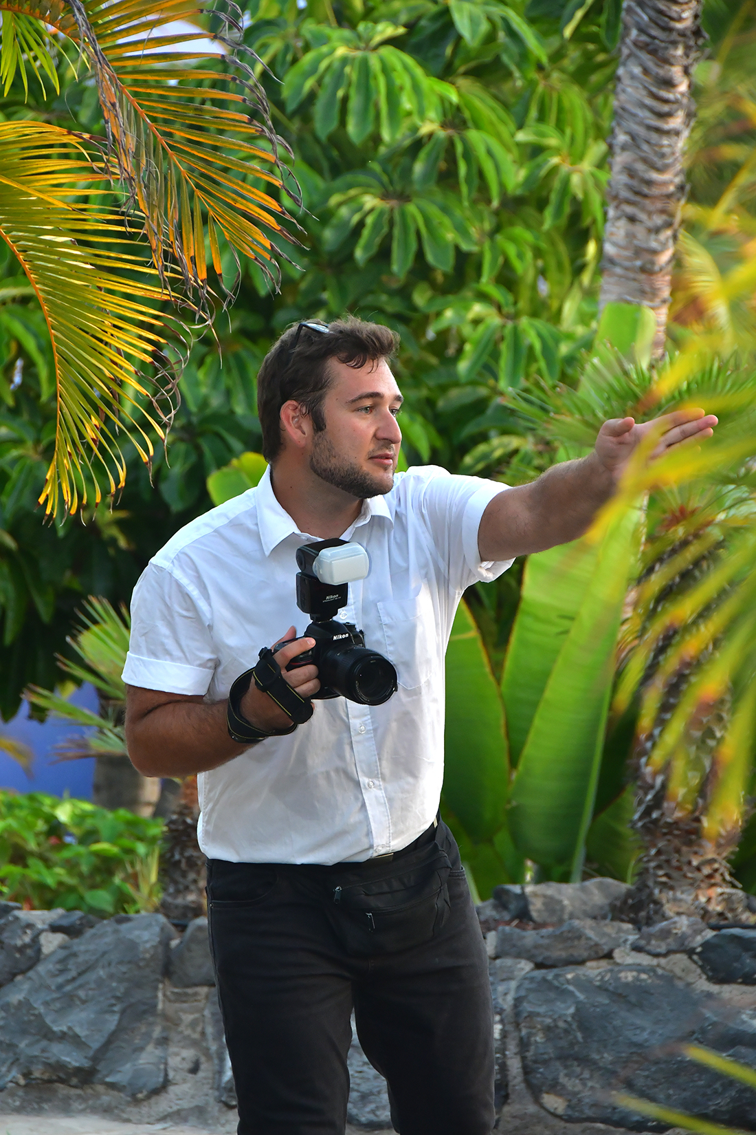 David Amar Foto con cámara fotográfica trabajando en un entorno tropical, rodeado de plantas verdes y palmeras.