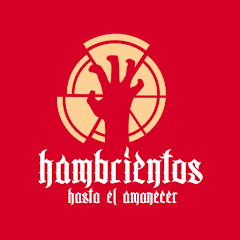 Logotipo de Hambrientos: Hasta el Amanecer, que presenta una mano sobre un fondo rojo con un símbolo circular y un estilo de letra gótica.