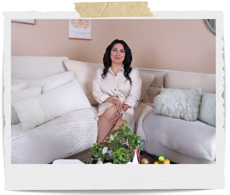 Pilar Gutierrez, licensed trauma therapist in Stuart Florida, sitting in a calm therapy office specializing in trauma recovery, emotional healing, and client-centered counseling