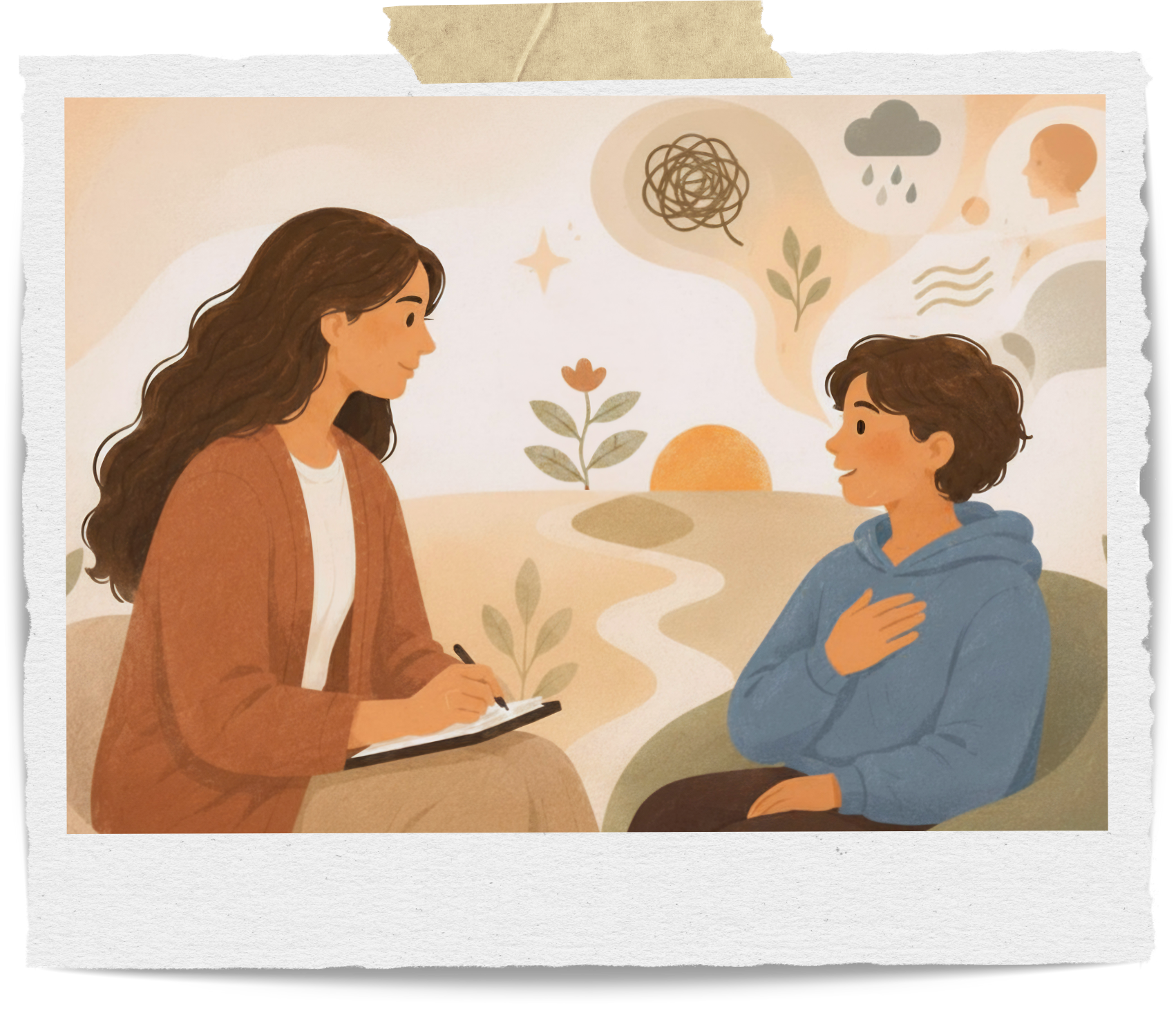 Illustration of child and adolescent therapy in Stuart, Florida, showing a therapist supporting a young client with emotional regulation, coping skills, and neurodiversity-affirming care.