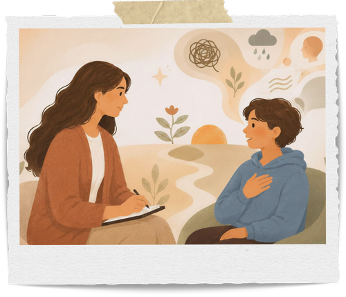 Illustration of child and adolescent therapy in Stuart, Florida, showing a therapist supporting a young client with emotional regulation, coping skills, and neurodiversity-affirming care