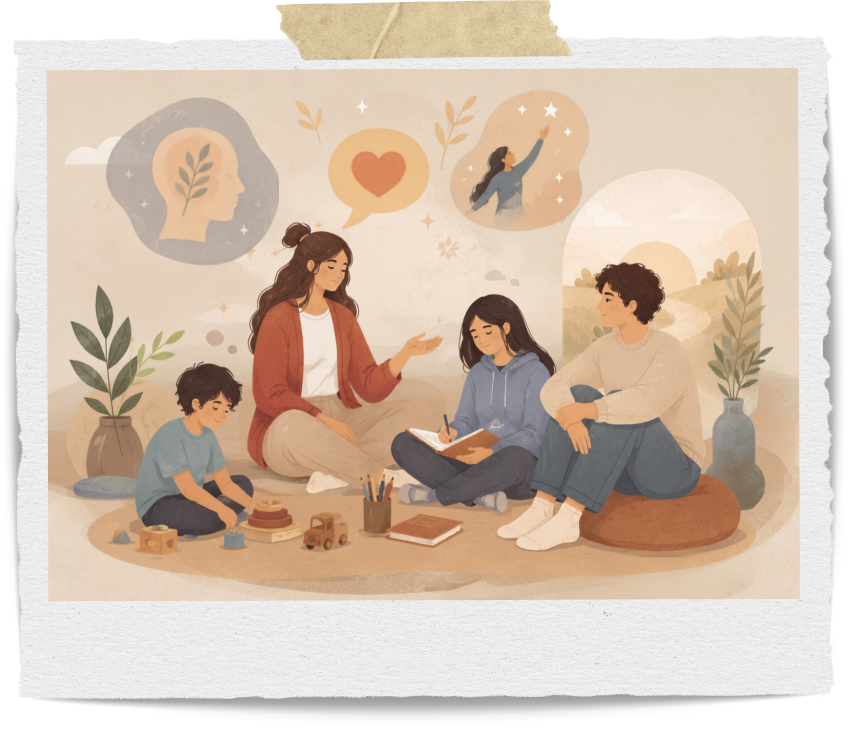 Warm illustration of children, teens, and young adults in a supportive therapy setting, reflecting child and adolescent counseling, emotional regulation, and neurodiversity-affirming care in Stuart, Florida.