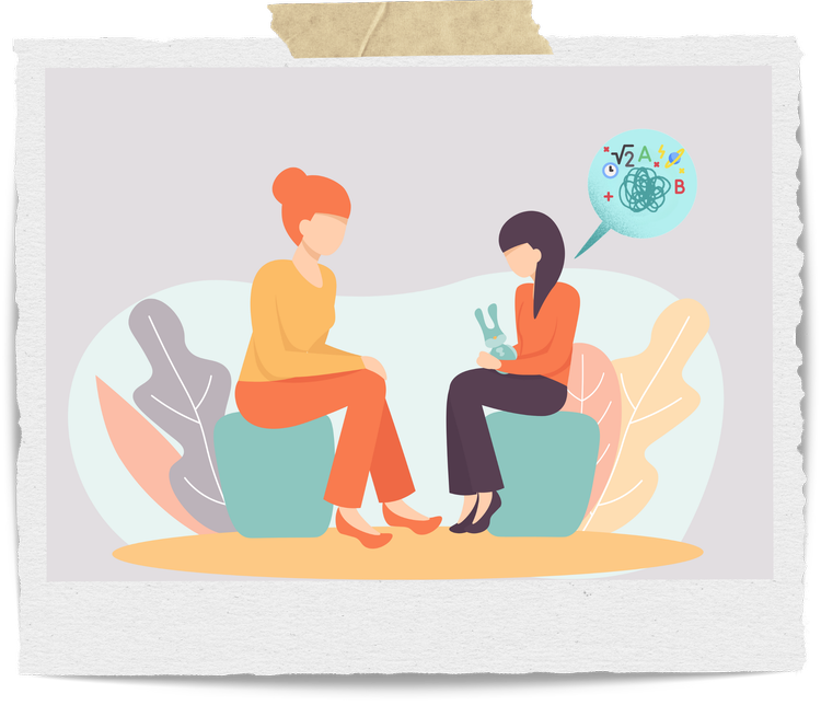 Child therapy session illustration showing a young person and therapist seated together, with a speech bubble representing cognitive and emotional processing in therapy