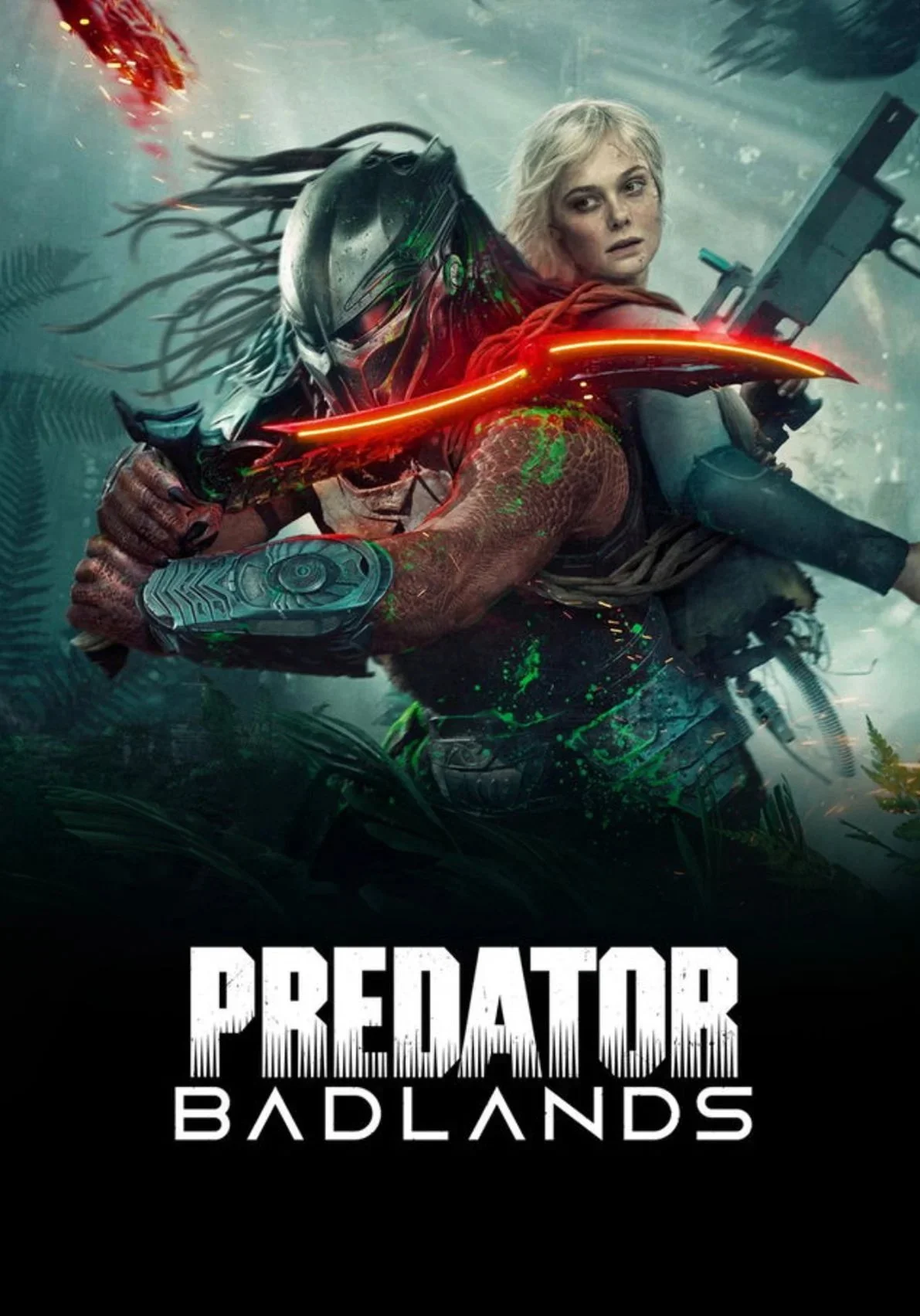 Computerspielfigur aus dem Spiel 'Predator: Badlands' mit einem maskierten, kampfbereiten Kämpfer, der eine Waffe hält, im Dschungel-Setting.