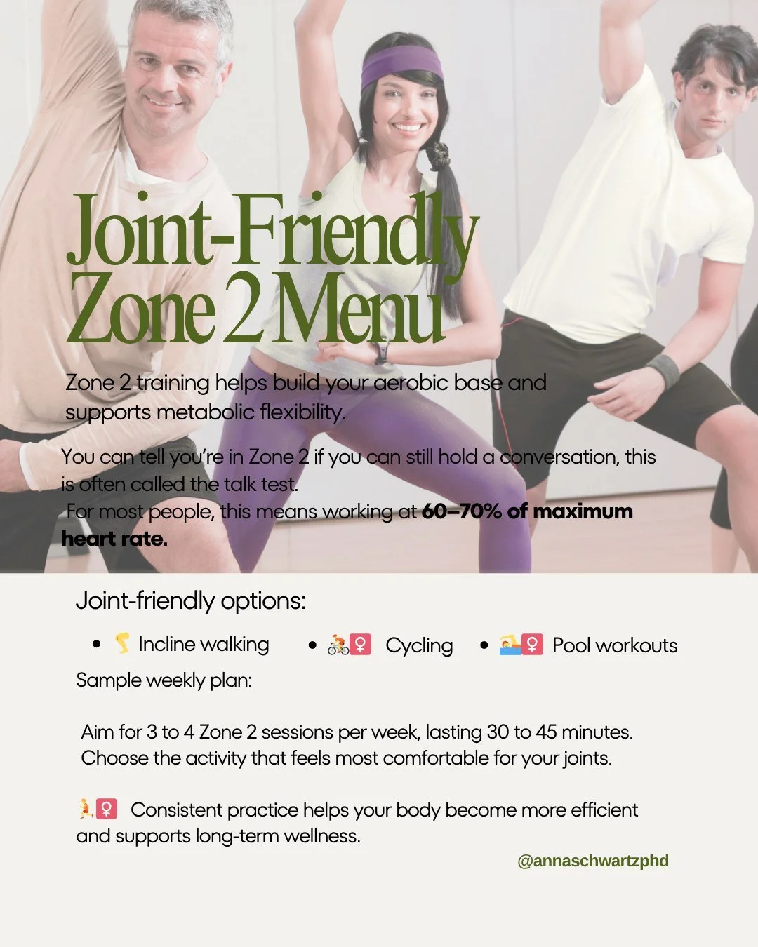 Building endurance doesn’t have to mean high impact or pushing to the limit.
Zone 2 training gives you steady progress while protecting your joints.
When you pair low-impact options with consistency, you train your heart and muscles to use ene