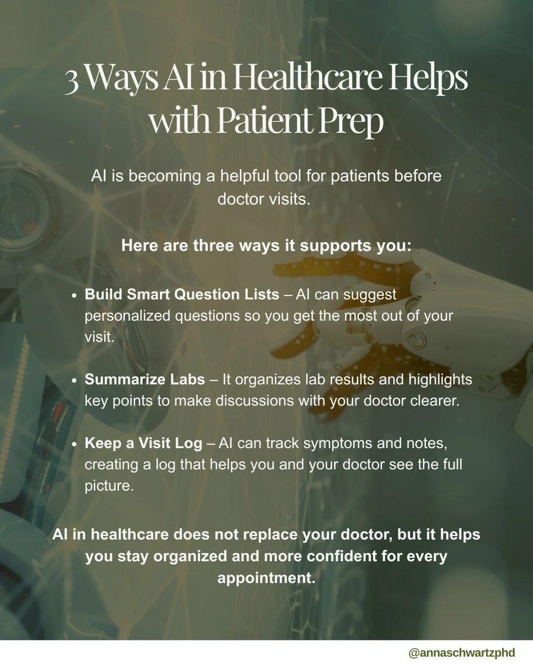Walking into a doctor’s office prepared can make all the difference.
AI in healthcare is changing how patients prepare — helping track important details, highlight what matters, and create smarter questions to ask.
The result? Clearer c