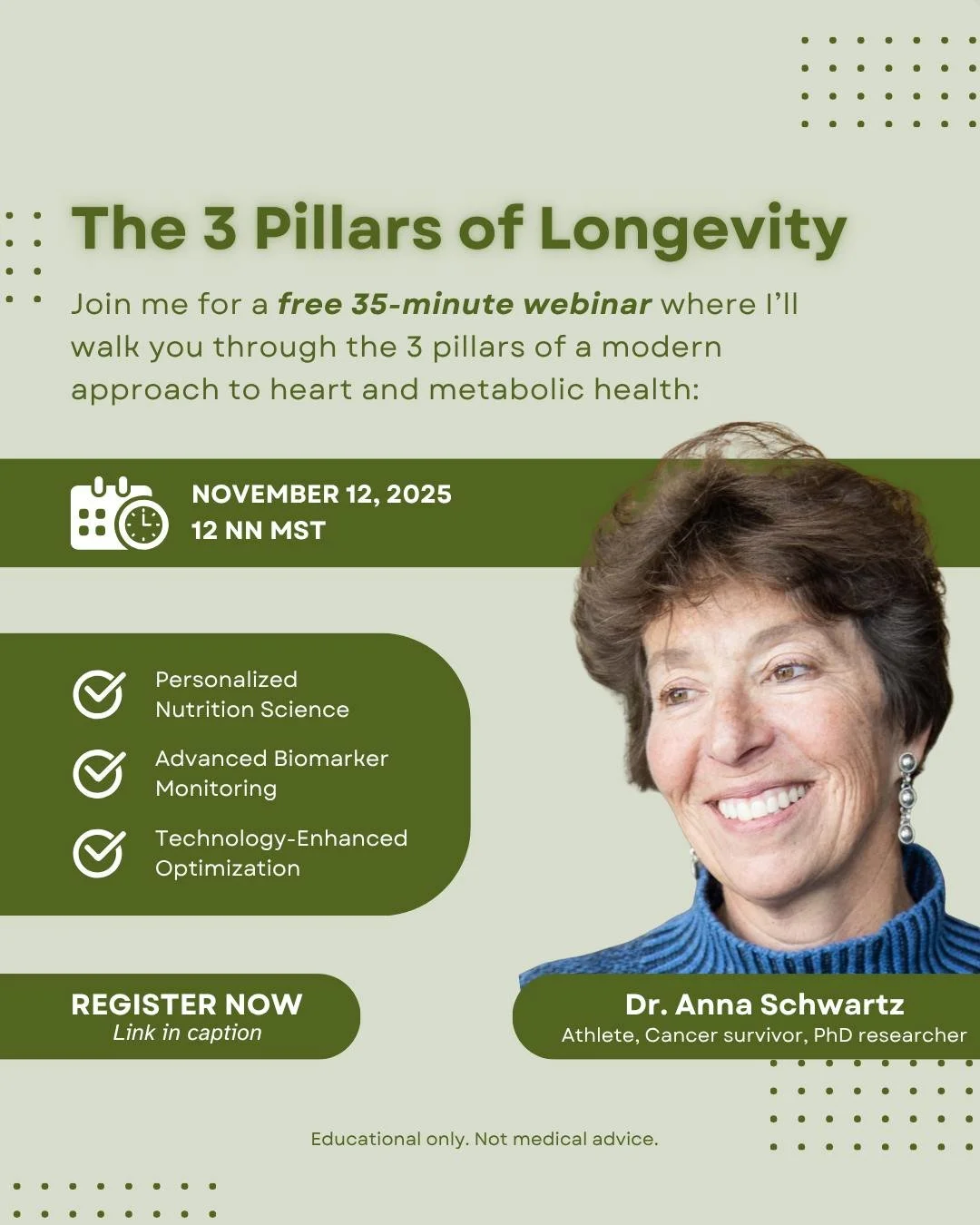 Do your labs say “normal,” but your energy tells a different story?
Join me for a free 35-minute webinar where I’ll walk you through the three pillars of a modern approach to heart and metabolic health:
💡 Personalized nutrition t