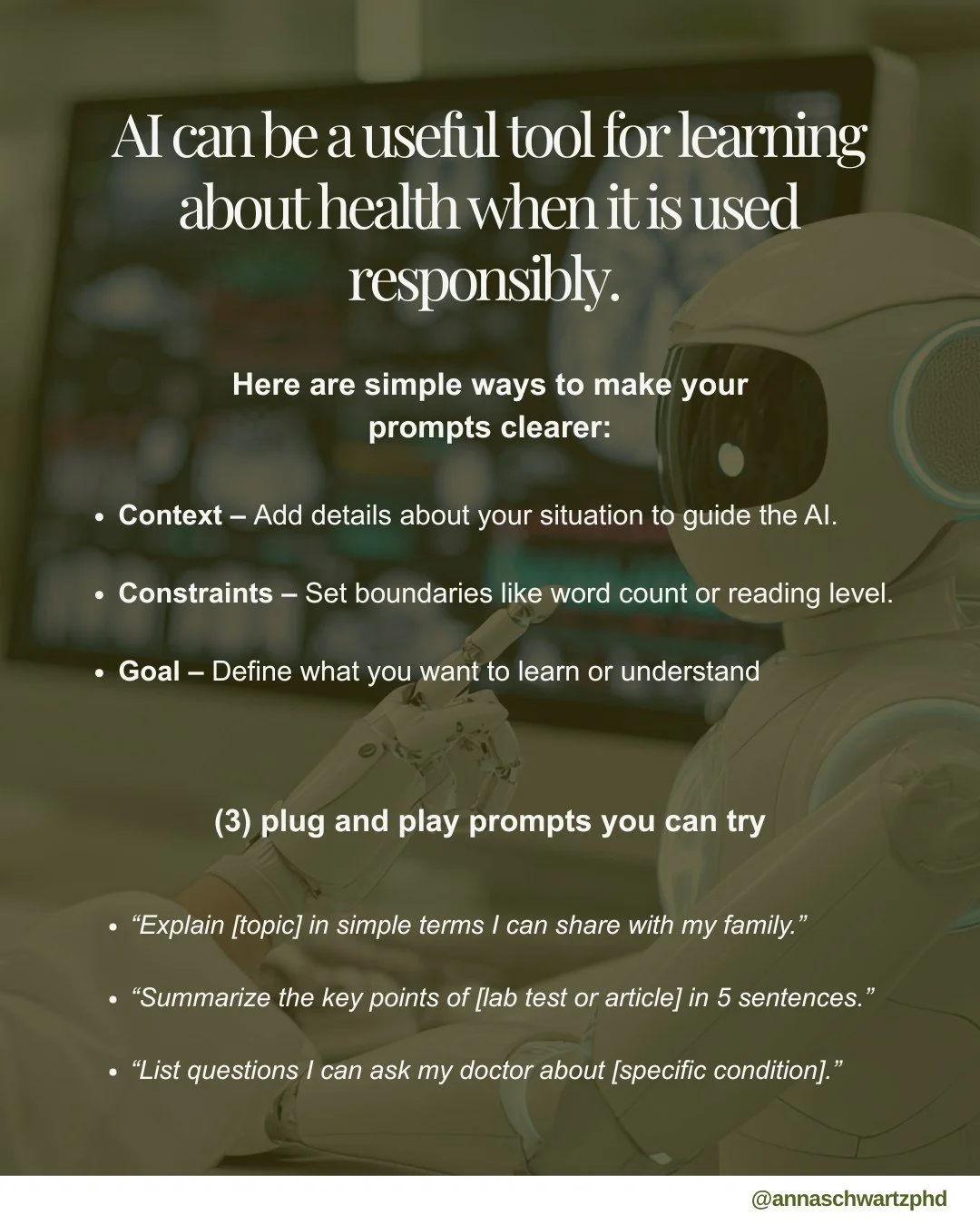 AI isn’t a replacement for your doctor — but it can help you prepare, learn, and ask better questions. 🤖
The way you phrase your request makes a big difference in the quality of answers you receive.
When you give AI context, limits, an
