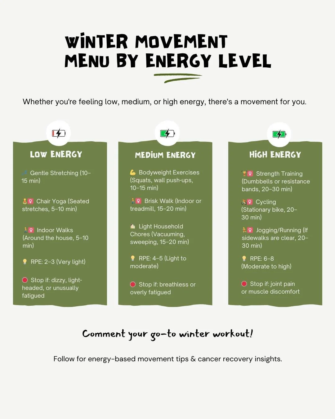 Winter often brings colder days, shorter daylight, and more time spent indoors &mdash; but movement doesn&rsquo;t have to disappear. Whether you're feeling low, medium, or high energy, this Winter Movement Menu helps you stay active safely.

Here&rsq