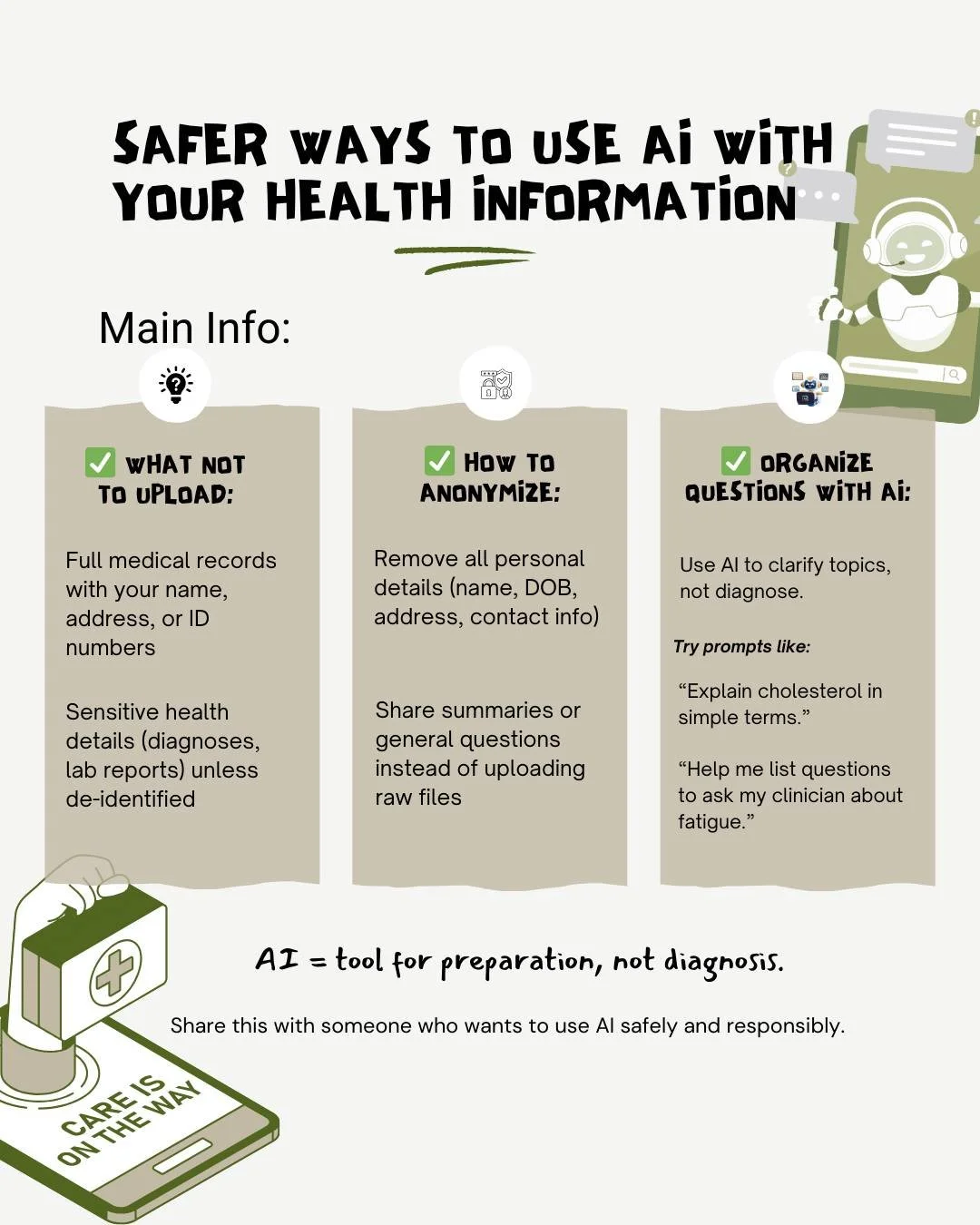 AI can help you stay organized and informed &mdash; but how you use it matters.

Here&rsquo;s how to keep your health information private and still benefit from AI support:

1️⃣ Don&rsquo;t upload personal medical records or anything with your identi