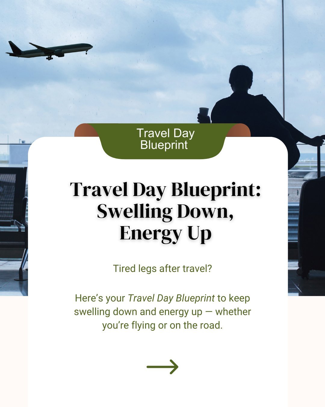 Swelling and fatigue don&rsquo;t have to be part of your travel day.
A few simple habits can support better circulation and help you feel more energized when you land.

Here&rsquo;s your Travel Day Blueprint:

🕒 Move every hour
Ankle pumps, calf rai