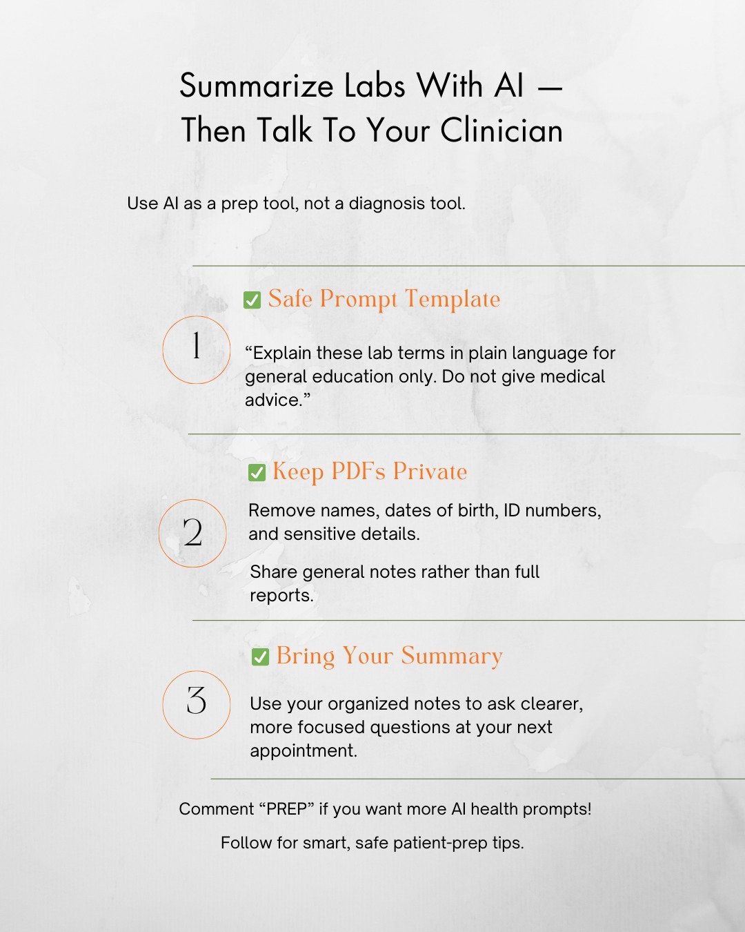AI can make lab results easier to understand &mdash; when you use it safely.

Here&rsquo;s how I teach patients to use AI as a support tool for better conversations with their clinicians:

1️⃣ Ask AI to explain labs in plain language, not diagnose.
U