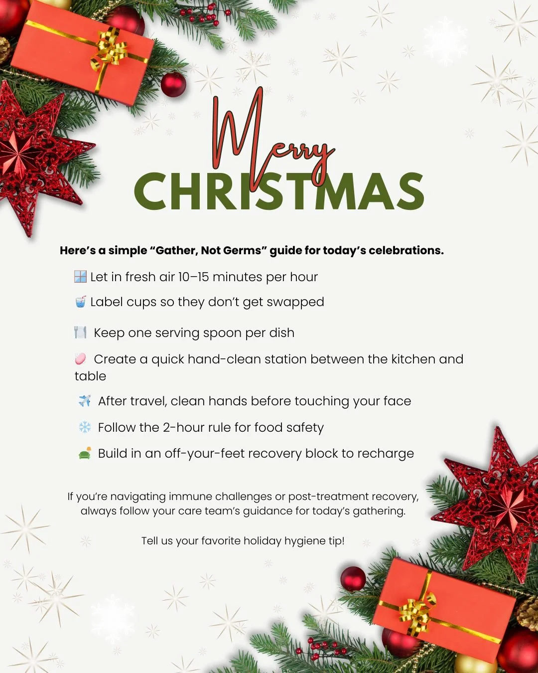 Merry Christmas!! 🎄

Today is all about gathering, connection, and good food &mdash; and a few small hygiene habits can help everyone feel comfortable and cared for.

Here&rsquo;s your &ldquo;Gather, Not Germs&rdquo; Holiday Hygiene Guide:

1️⃣ Refr