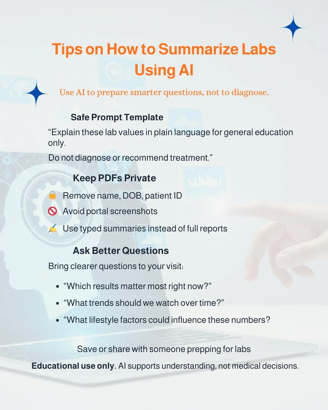 AI can make lab reports less overwhelming when it&rsquo;s used the right way.

I recommend using AI as a prep tool to:
✔️ Translate medical language
✔️ Organize thoughts
✔️ Generate clearer questions

Not to diagnose.
Not to replace your clinician.

