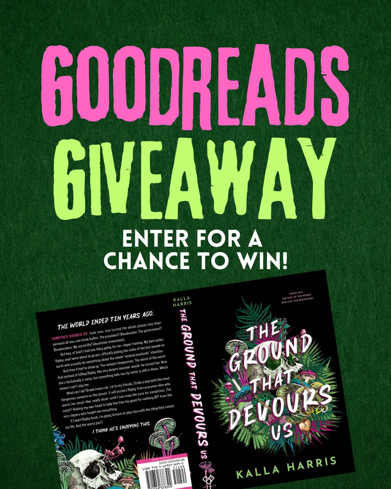 🚨 Goodreads Giveaway! 🚨 

Enter to win one of 10 PRINT copies of The Ground That Devours Us right now on Goodreads! The giveaway ends on May 27th, 2025! 

US entrants only (so sorry, friends! 😭) 

&bull;&bull;

THE GROUND THAT DEVOURS US is a YA d
