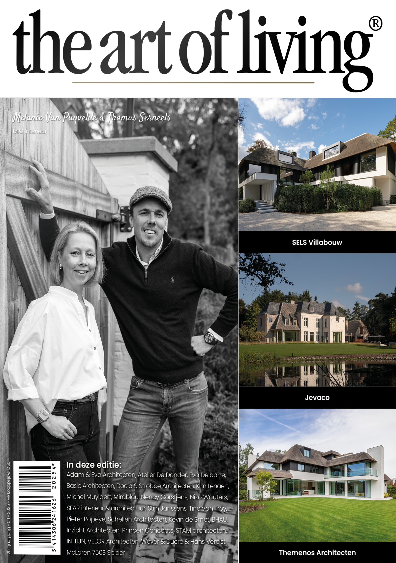 Cover van een magazine met foto's van verschillende moderne huizen en een zwart-wit foto van een man en een vrouw.
