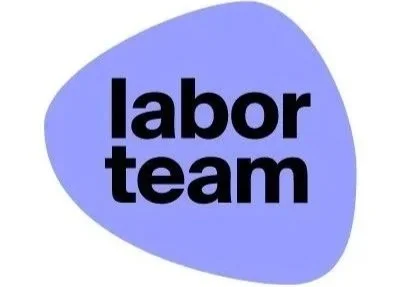 Blue guitar pick-shaped sign with black text that reads 'labor team'.