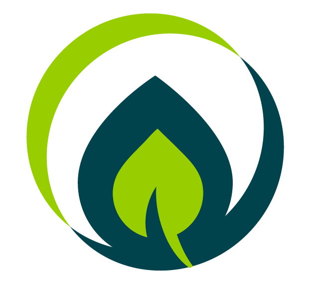 Stylized logo featuring a green leaf inside a blue flame, surrounded by a green arc.