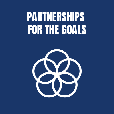 Graphic with blue background stating 'Partnerships for the Goals' and a white interlocking circle symbol.