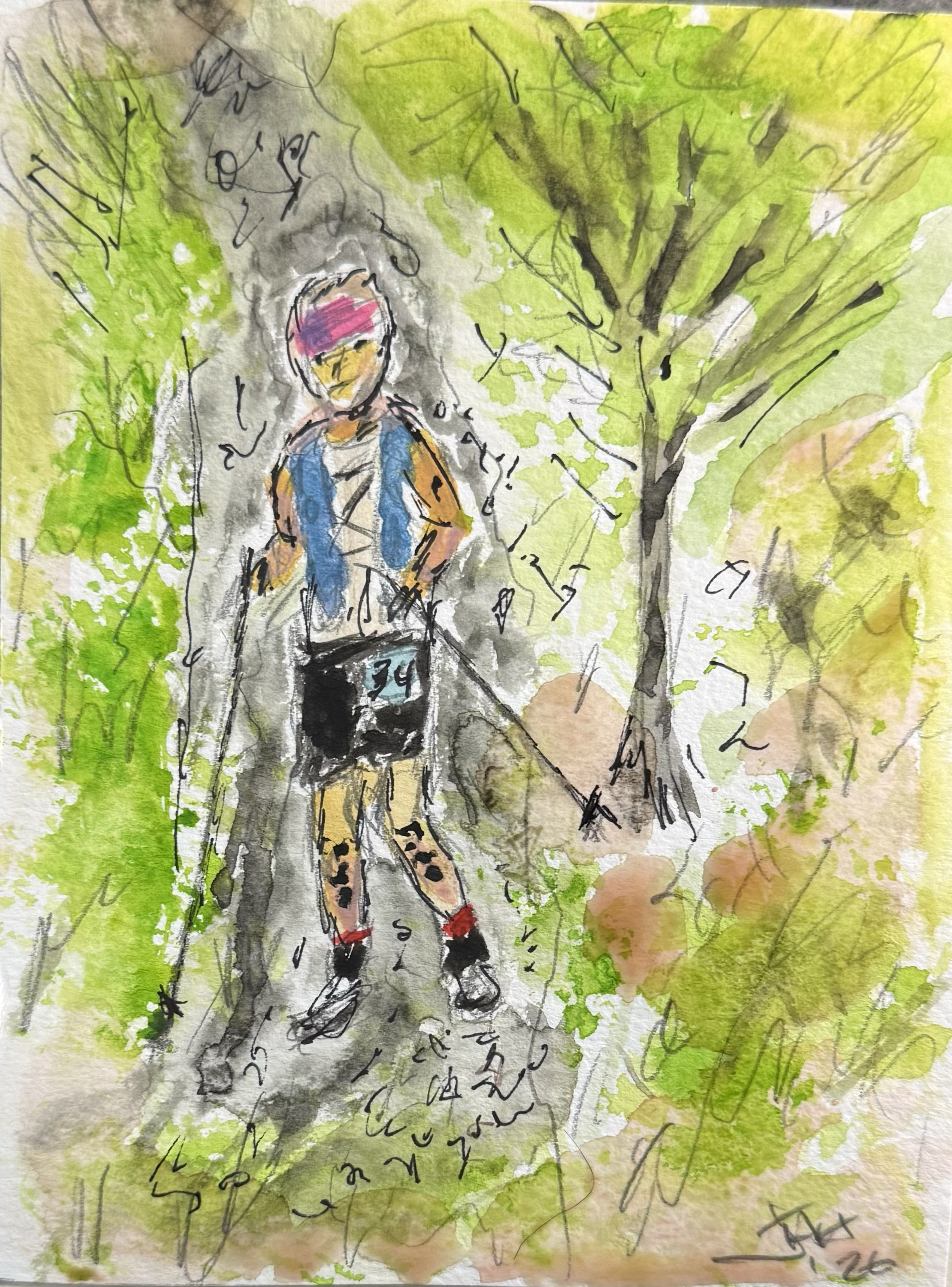 A watercolor sketch of a person walking outdoors, wearing a pink headband, glasses, a blue backpack, a gray shirt, and leopard-print shoes, surrounded by trees with green foliage and handwritten Japanese text.