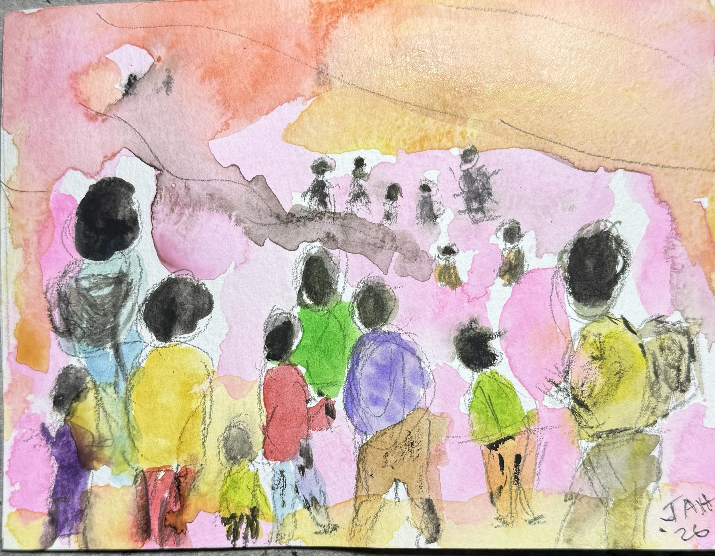 A colorful abstract watercolor painting with pastel shades of pink, orange, yellow, purple, green, and black, including some faint outlines of figures and handwritten text at the bottom.