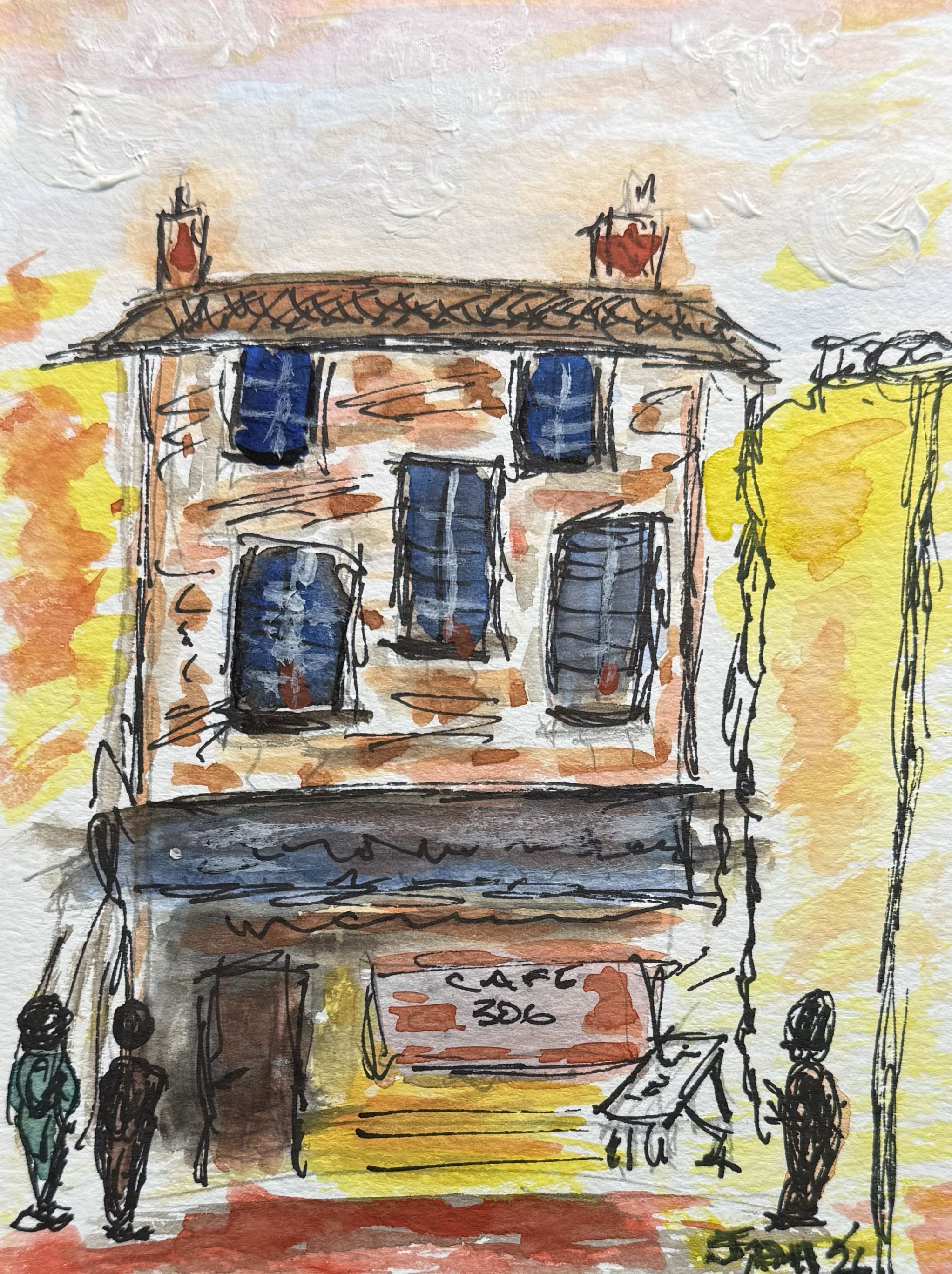 Sketch of a building with blue windows, two chimneys on the roof, and a street scene with people and a sign that reads "SARC 306." The background features a sky with clouds and yellow-orange hues.