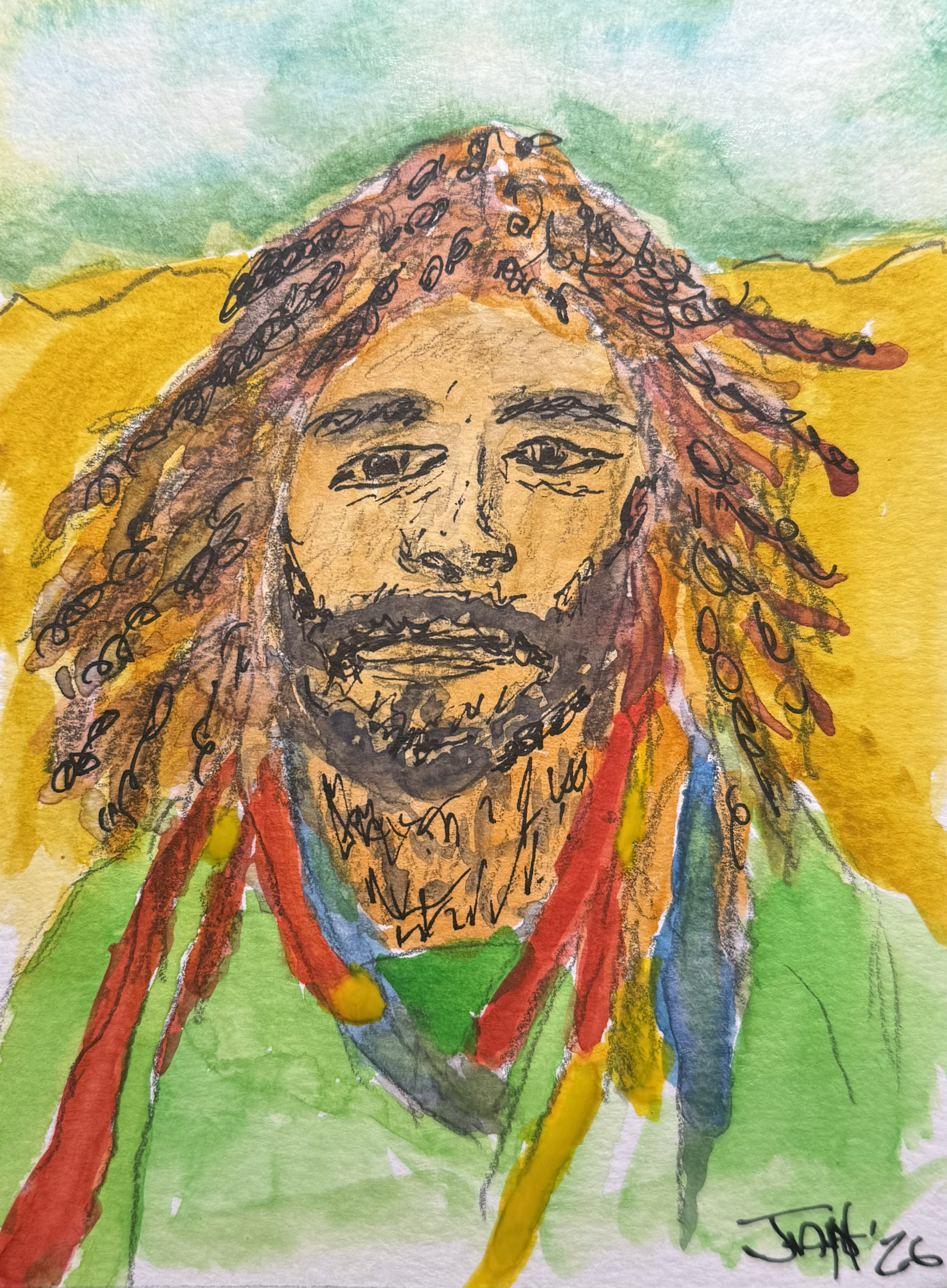 A colorful watercolor painting of a man with dreadlocks, a beard, and a friendly expression, wearing a multicolored shirt, against a light blue and green background.