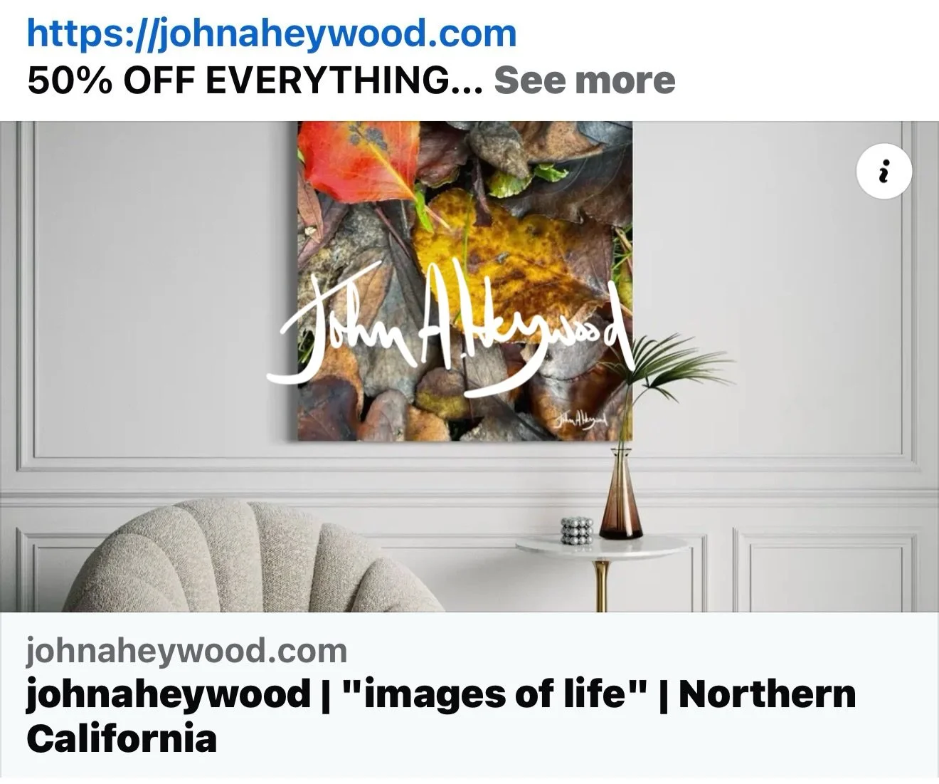 50% OFF EVERYTHING
johnaheywood.com/store #metalprints #framedprints #homedecor #wallart