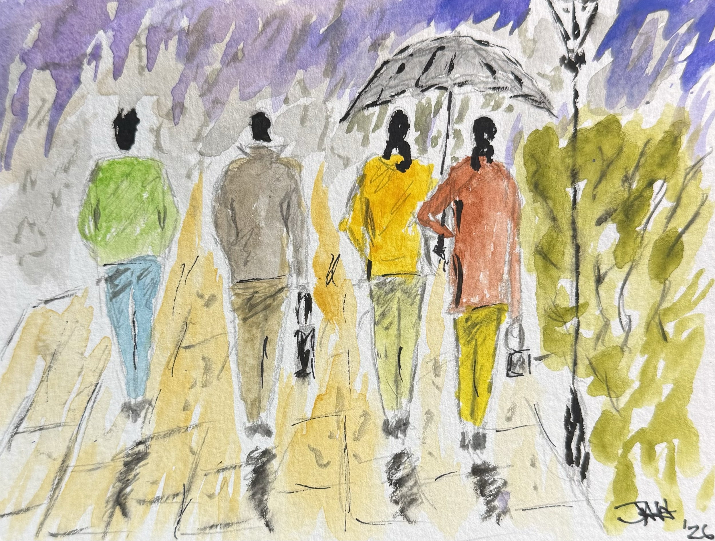 Watercolor painting depicting four people walking in the rain, two holding umbrellas, with vibrant colors used in their clothing and background.