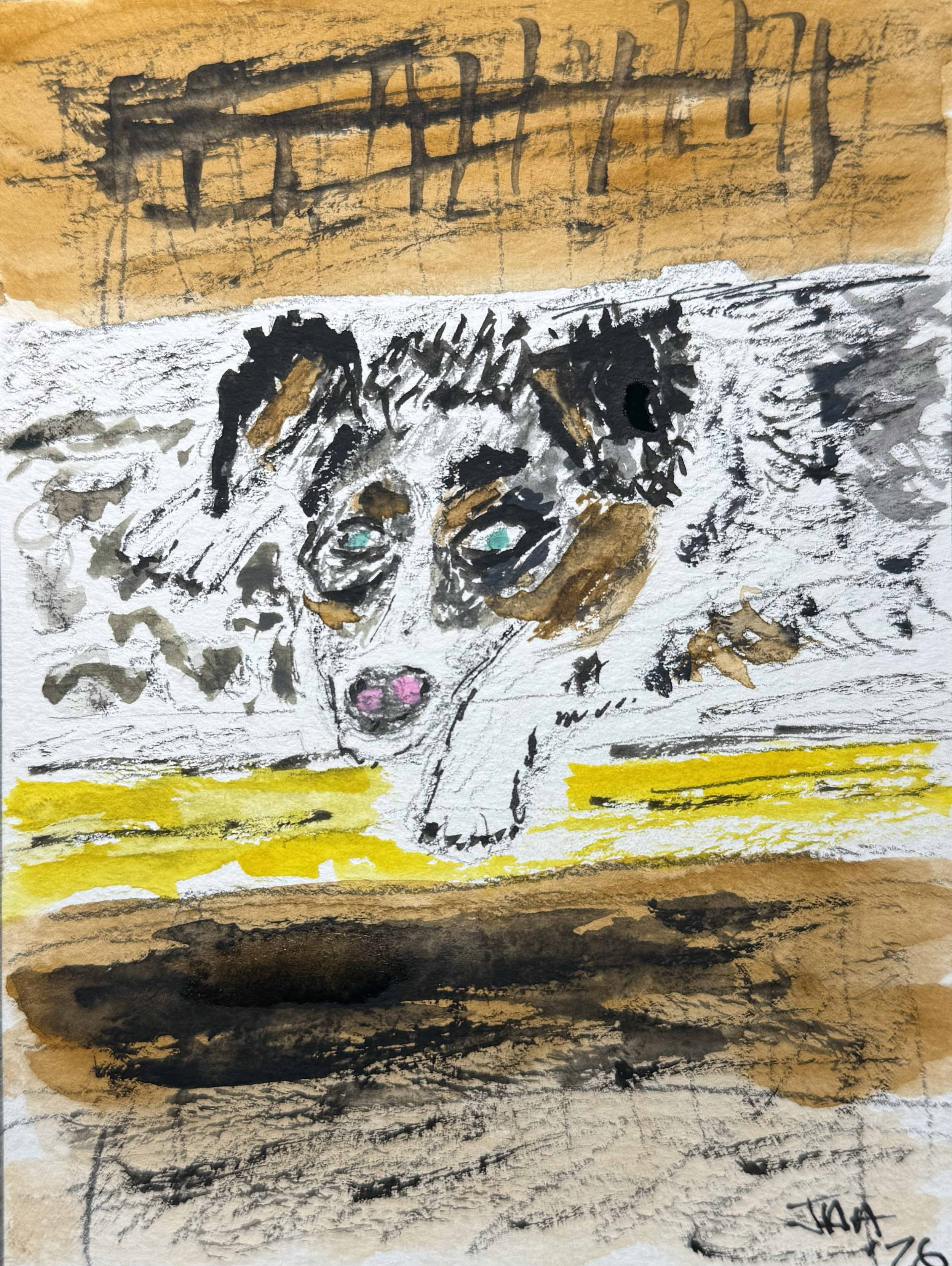 Drawing of a dog with white fur, black patches, and blue eyes, standing on a surface with yellow, brown, and black horizontal stripes.