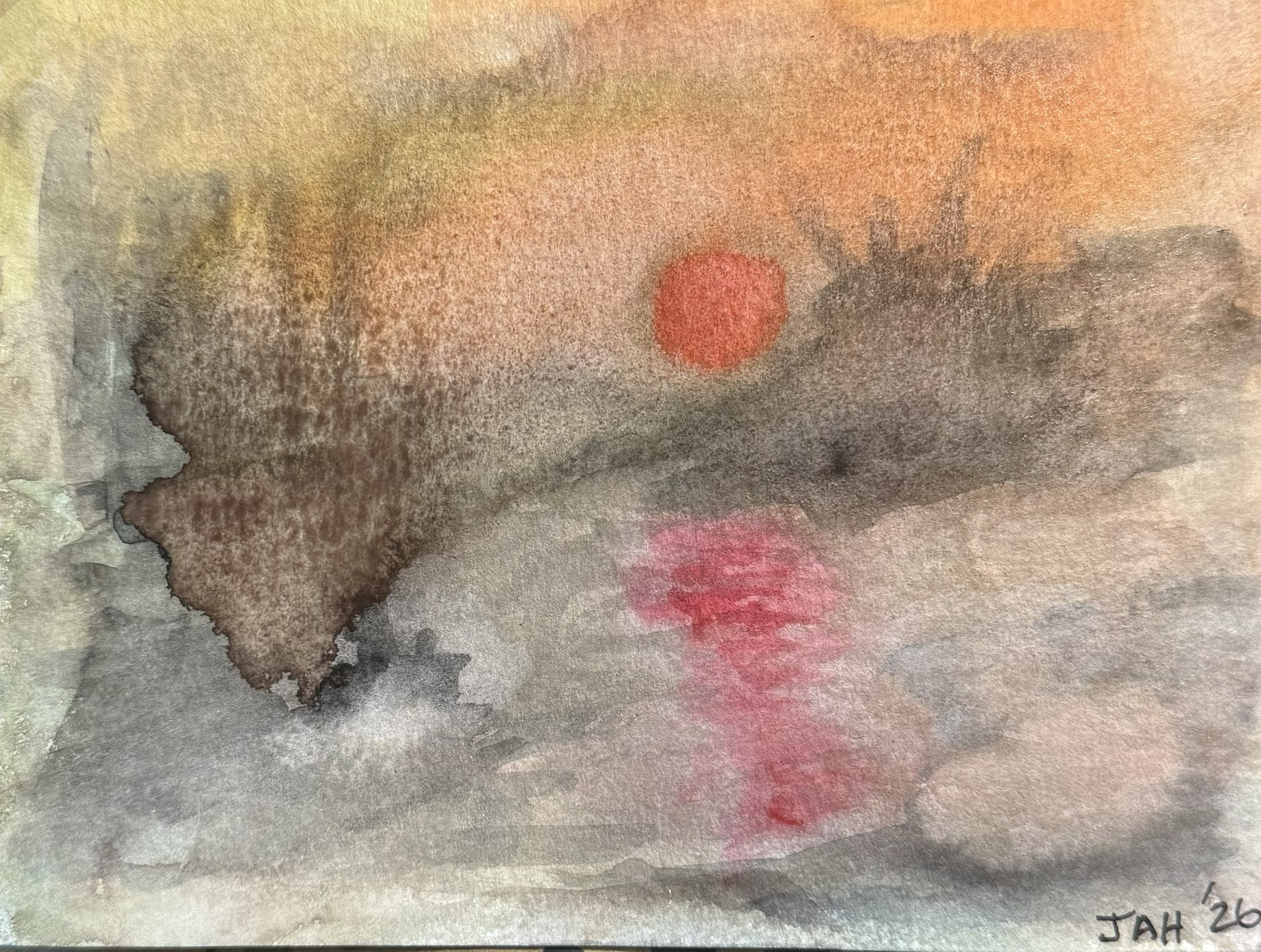 Abstract watercolor painting with earthy tones of greens, browns, and reds with a small black artist signature in the bottom right corner.