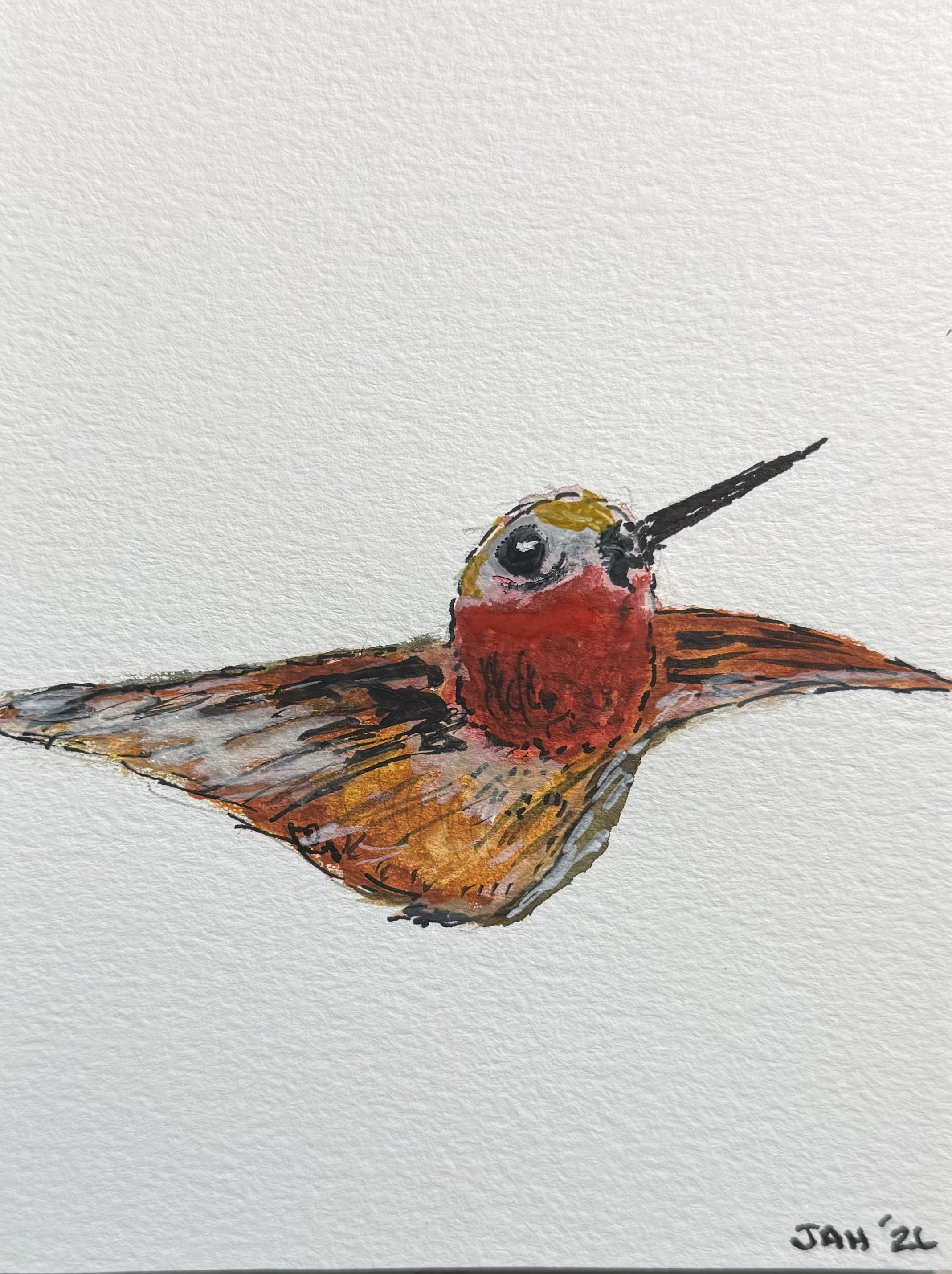 Watercolor painting of a hummingbird with reddish-brown and yellow colors, perched on a branch, with a white background. The artist's signature and date 'Jan '21' are in the bottom right corner.