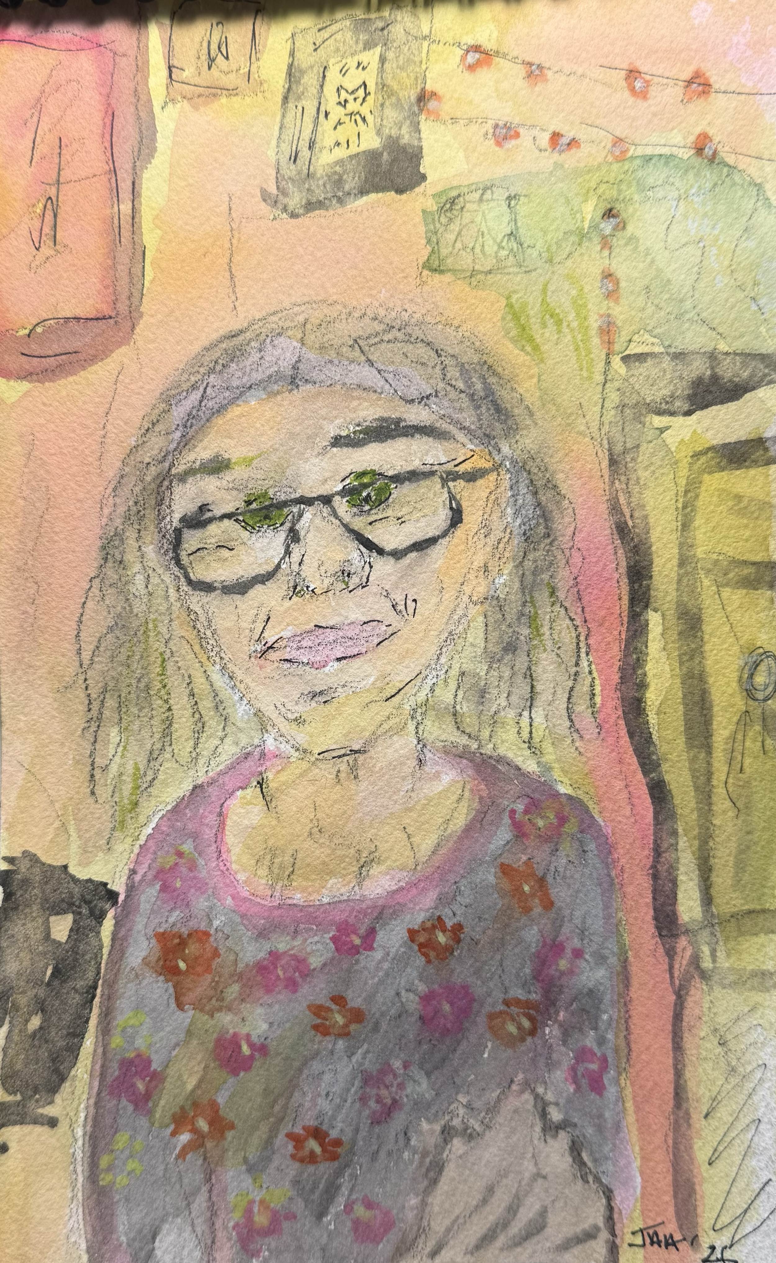 Watercolor painting of a woman with glasses, long hair, and a pink floral shirt, smiling slightly. The background includes colorful decorations, a black and white photo, and a string of orange lights.