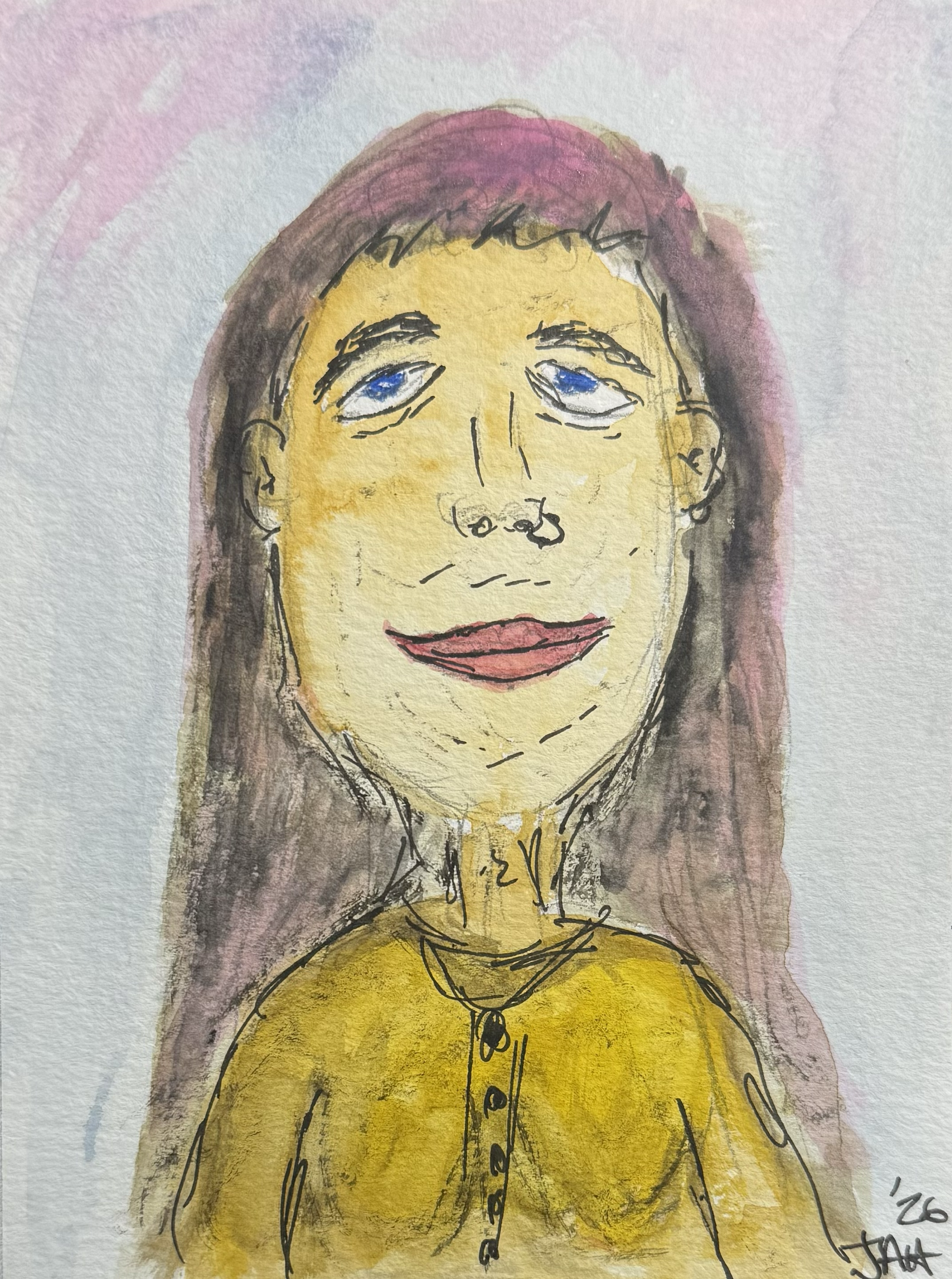 A watercolor painting of a woman with long brown hair, blue eyes, red lips, and a yellow top, with a pinkish background.