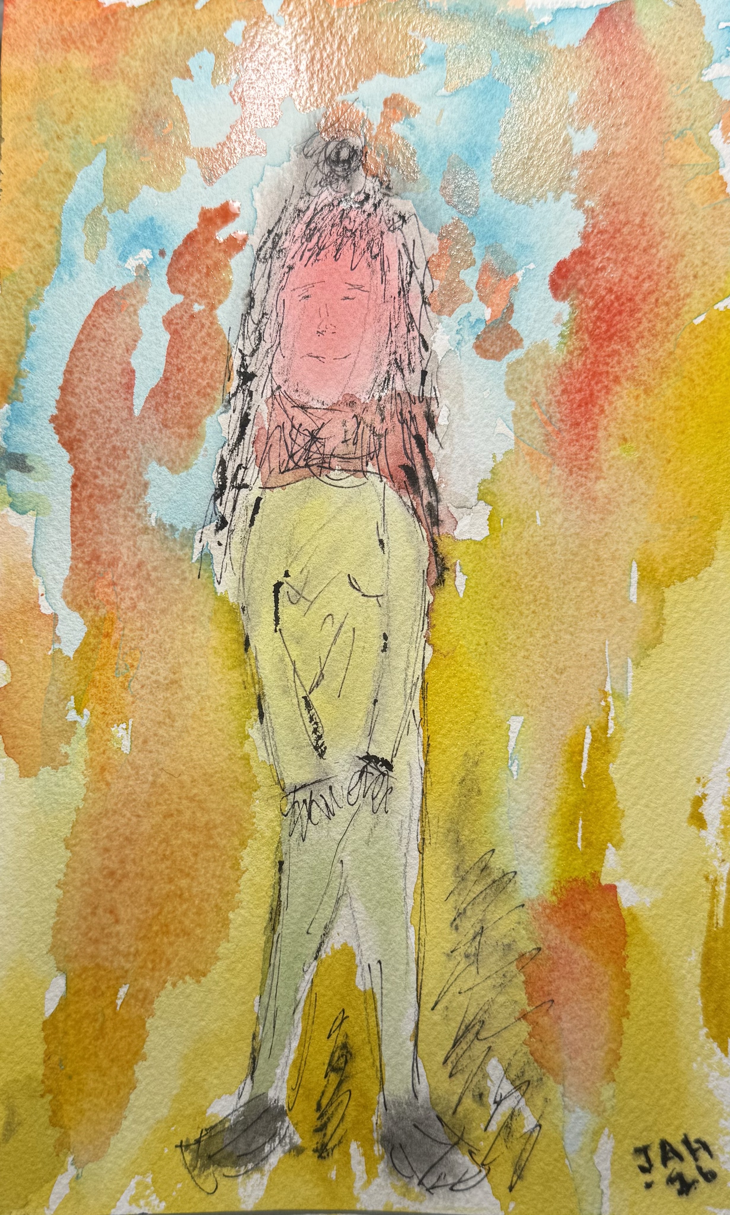 A colorful watercolor painting of a person standing with hands in their pockets, surrounded by vibrant splashes of blue, yellow, orange, and red.