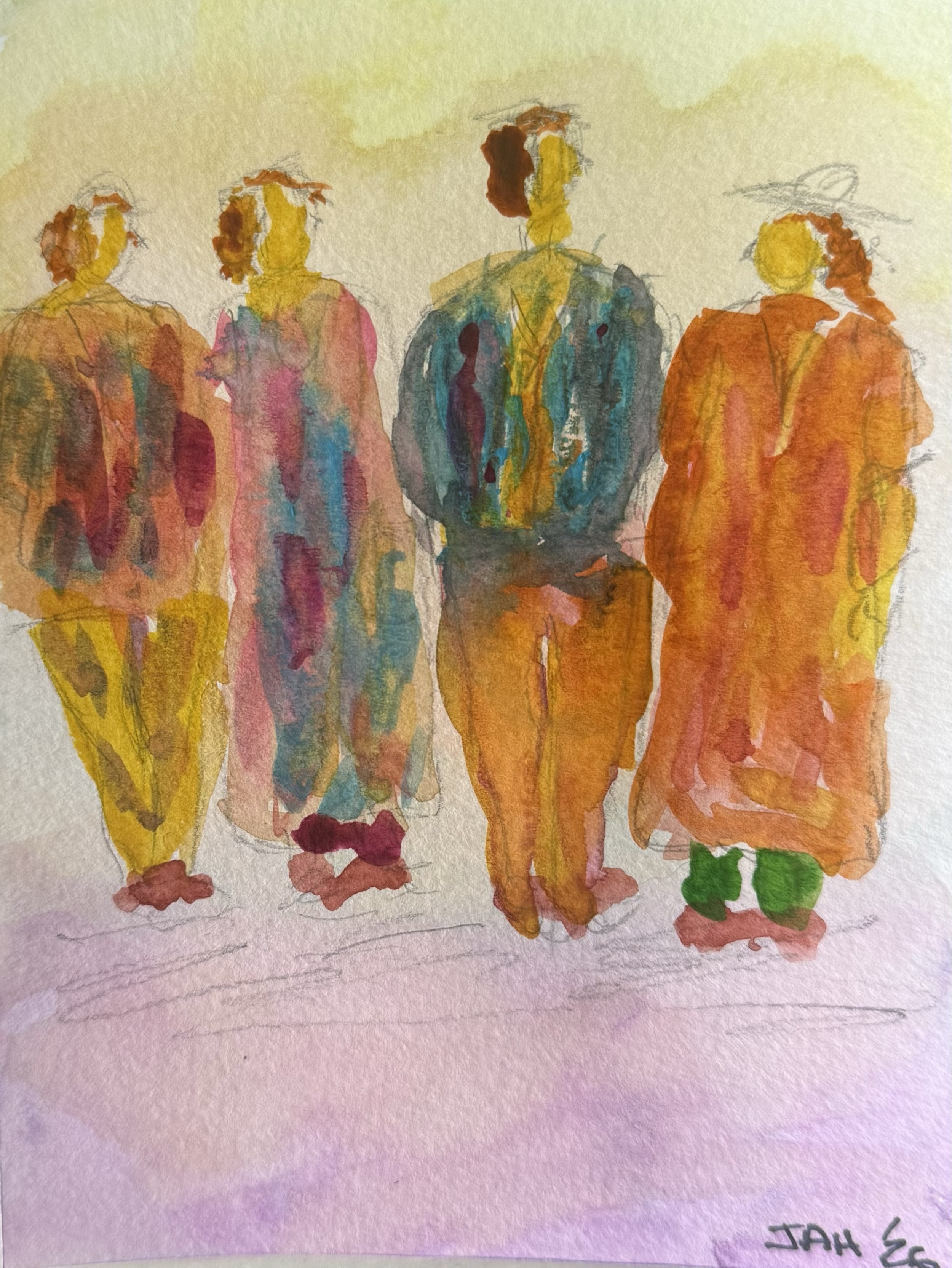 A watercolor painting of four people dressed in colorful clothing, standing together against a pink background, with the name "JAH E" written in the bottom right corner.