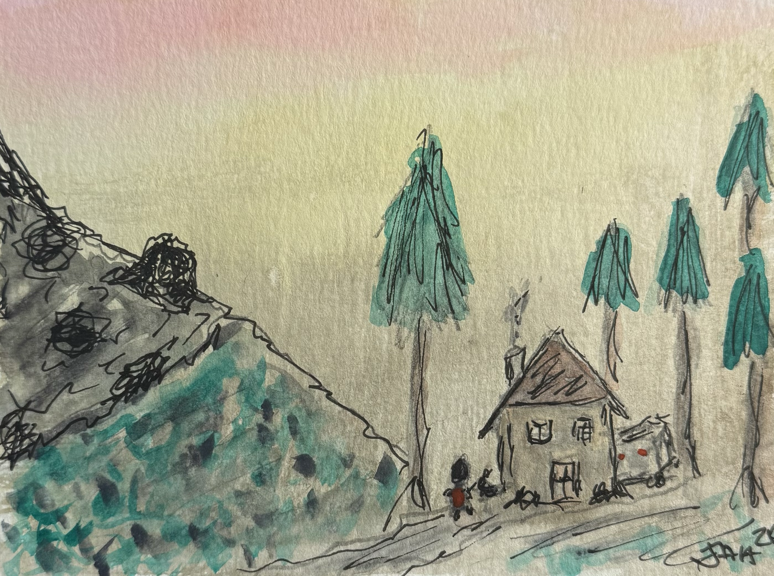 A hand-drawn sketch of houses and tall evergreen trees on a hillside, with a watercolor background in pastel pink, yellow, and green.