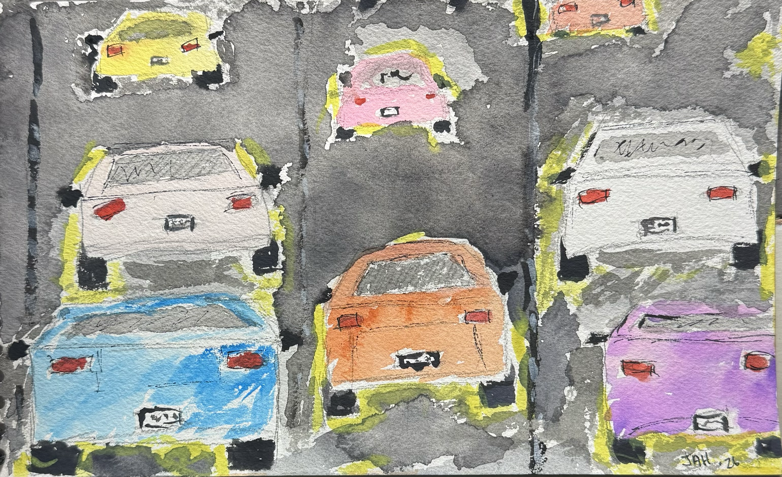 Watercolor painting of colorful cars parked in a lot, with a gray background and yellow accents around the vehicles.