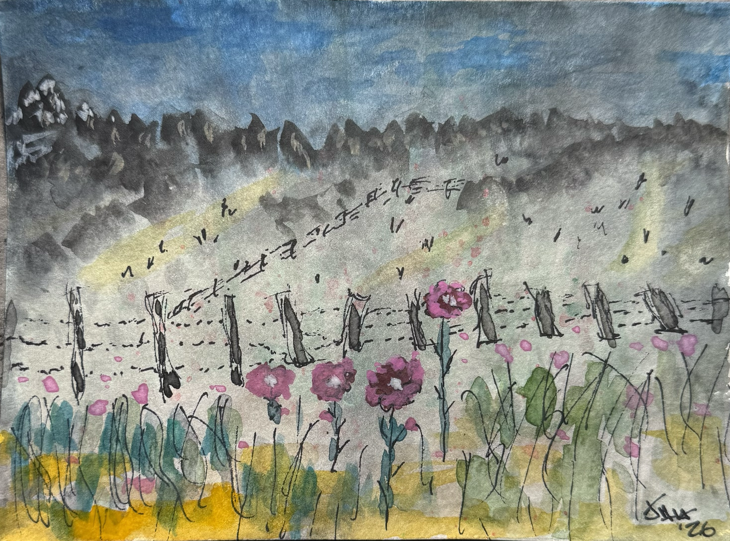 Watercolor painting of a landscape with a dirt path stretching into the distance, bordered by pink flowers and tall green grass, under a cloudy sky.