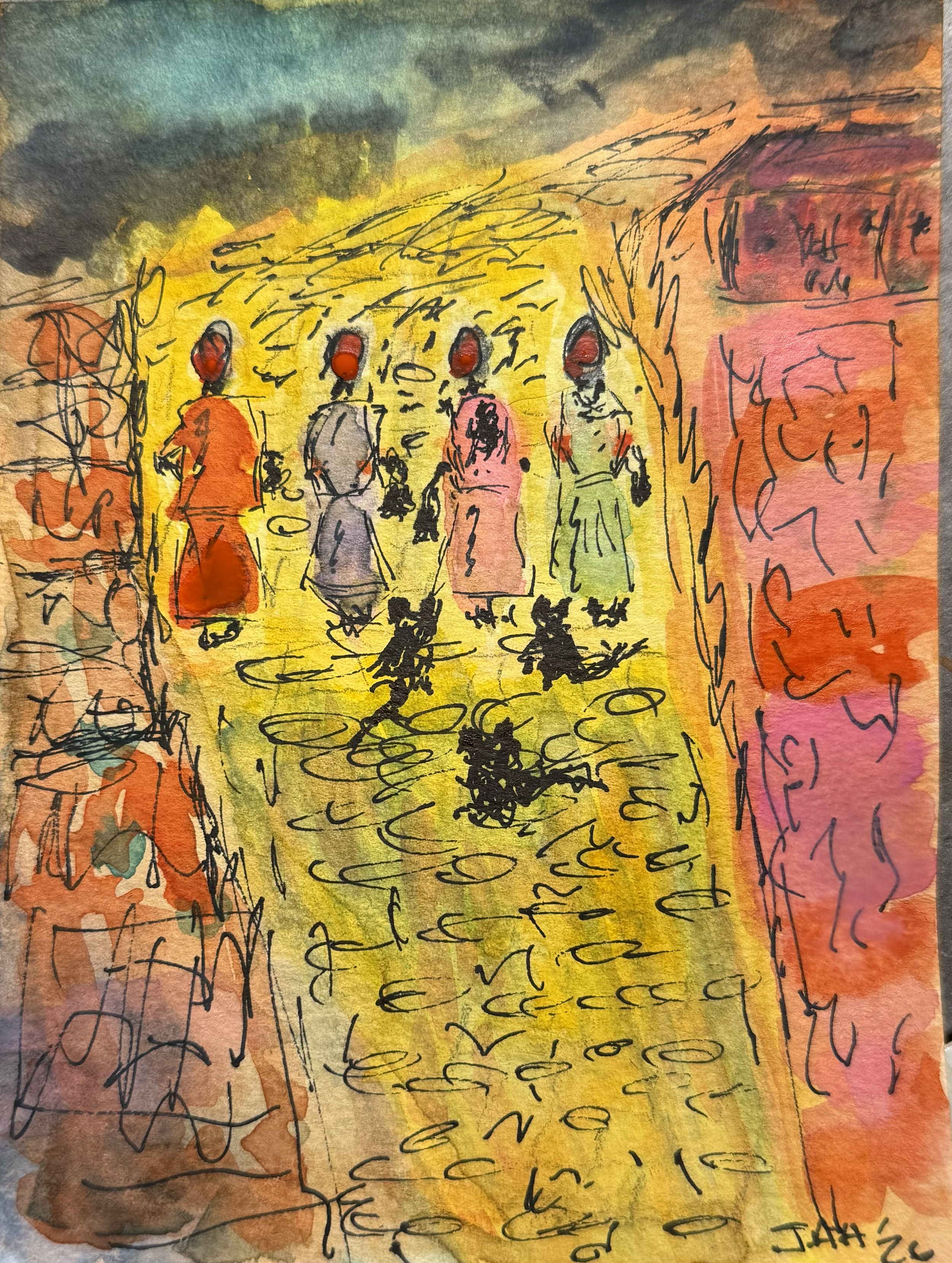A colorful watercolor painting depicts four female figures walking away from the viewer along a path, with bright yellow and orange hues surrounding them, and abstract architectural elements on either side.