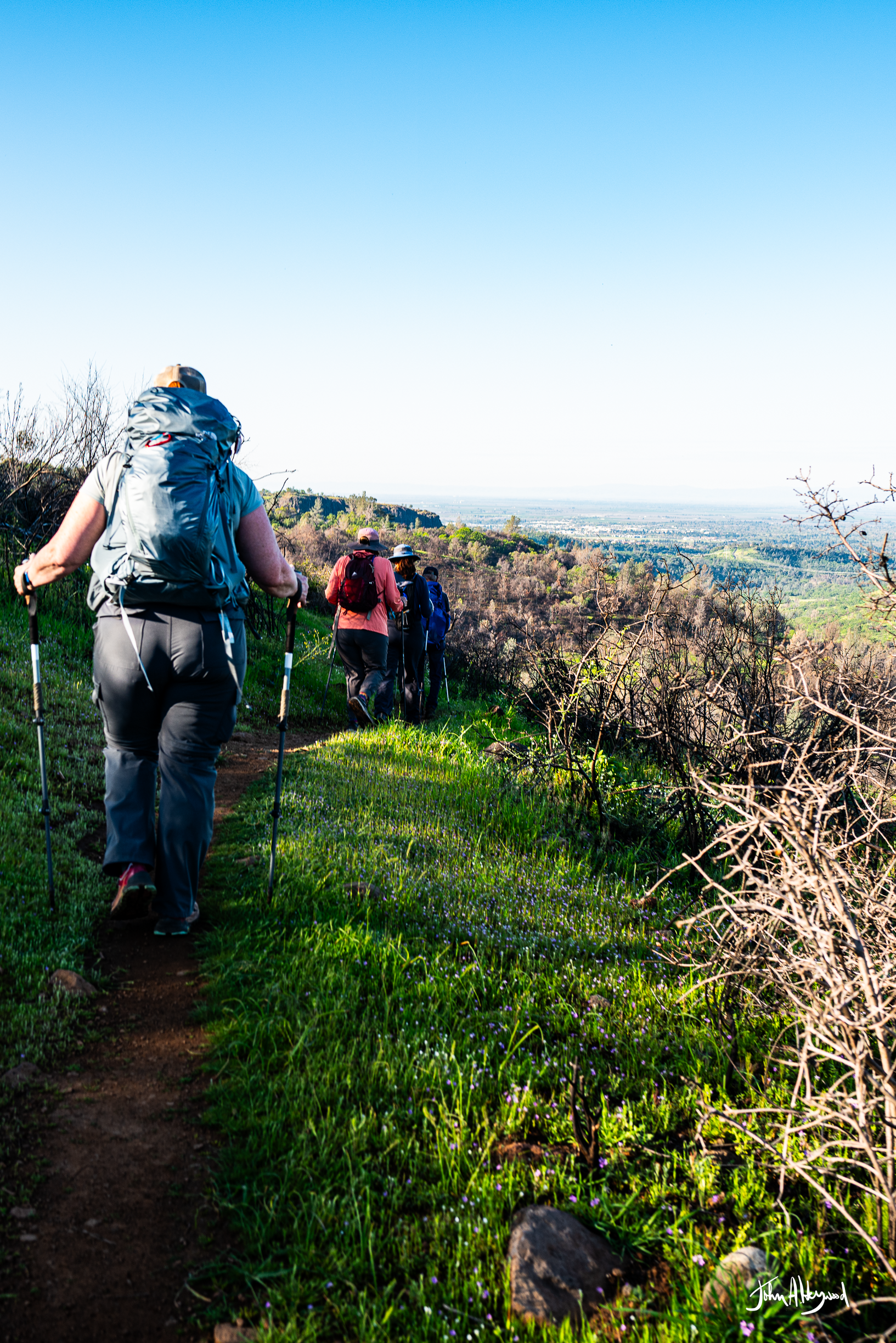A group of hikers walking on a trail through a scenic hilly landscape with green grass, bushes, and distant valley view under a clear blue sky.