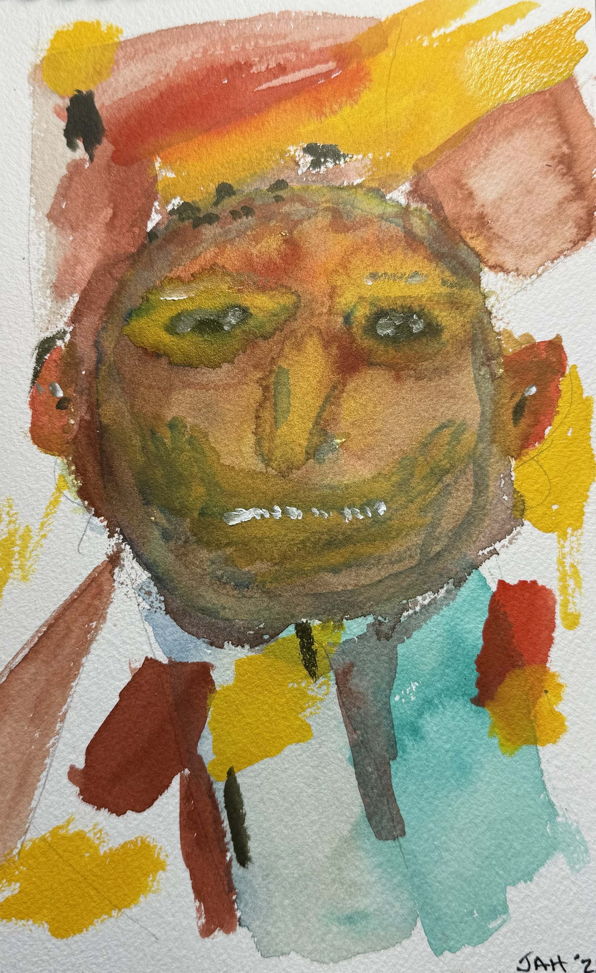 A colorful watercolor portrait of a smiling person with short hair, large eyes, and a big nose, wearing a turquoise shirt and red jacket, with yellow and orange abstract background details.
