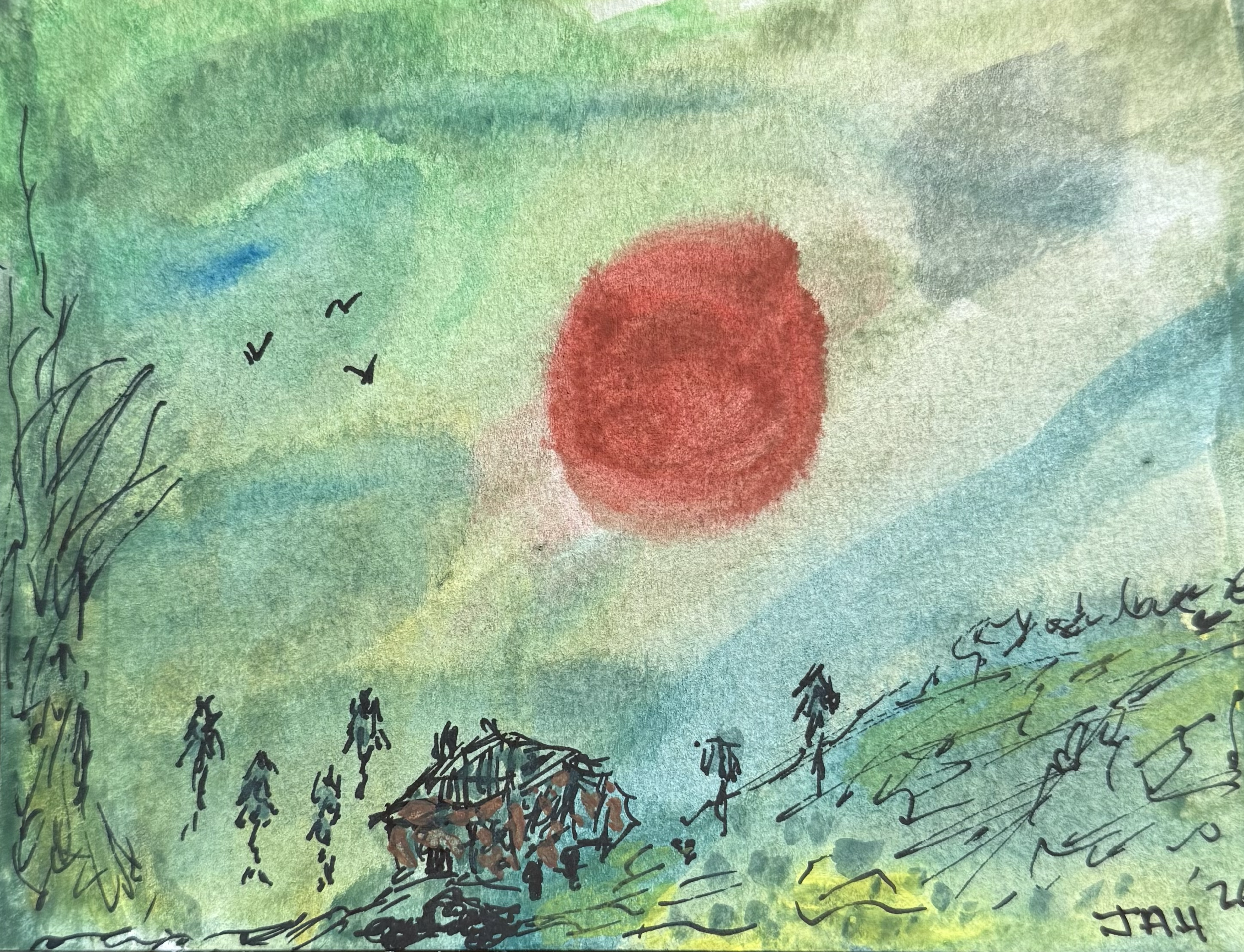 Watercolor painting of a landscape with a large red sun, green hills, silhouettes of trees, a house, and a flock of birds in the sky.