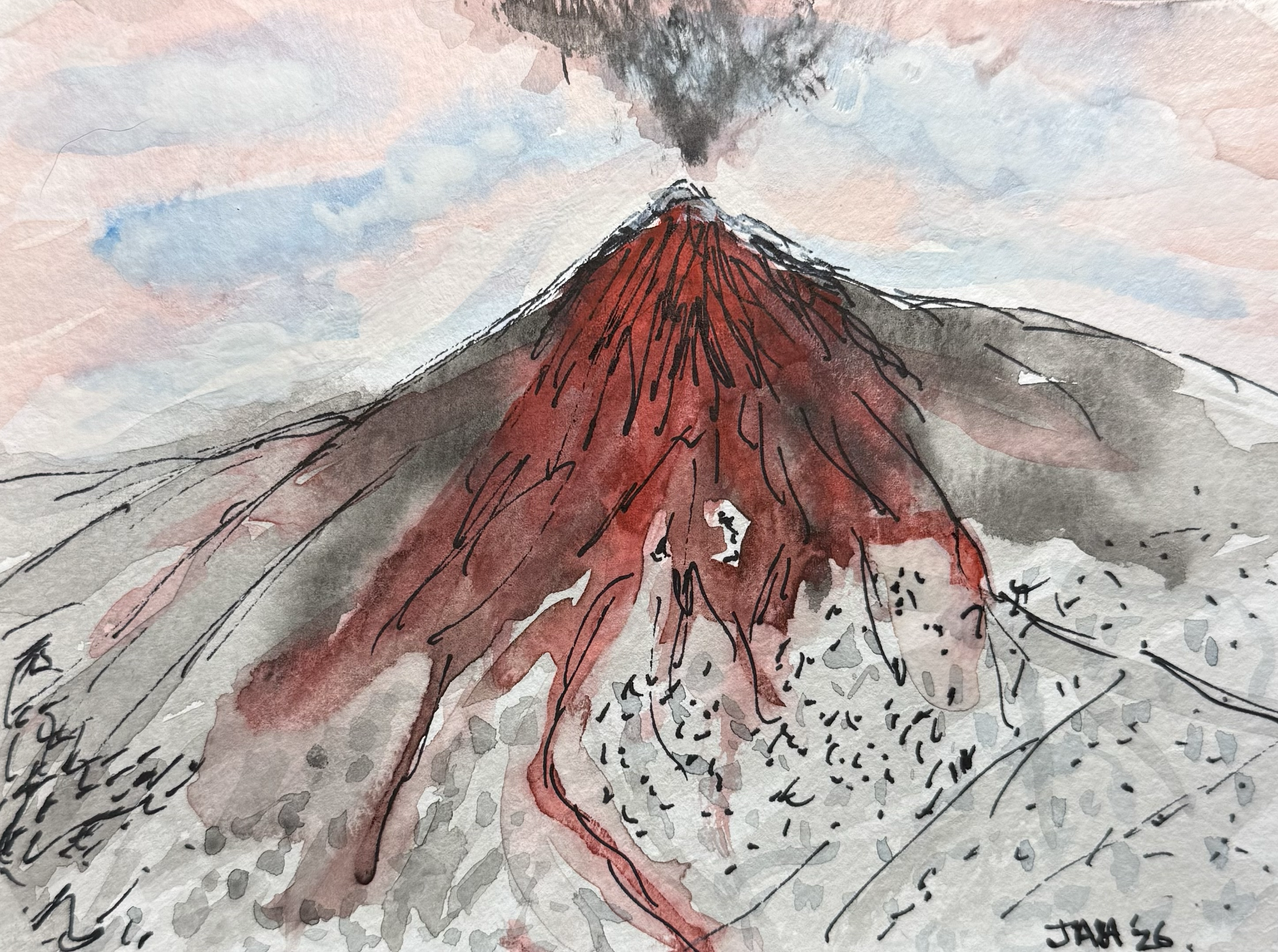 Watercolor painting of a volcano with red and black lava flowing down its sides, with smoke billowing from its crater, set against a sky with pastel pink, blue, and gray clouds.