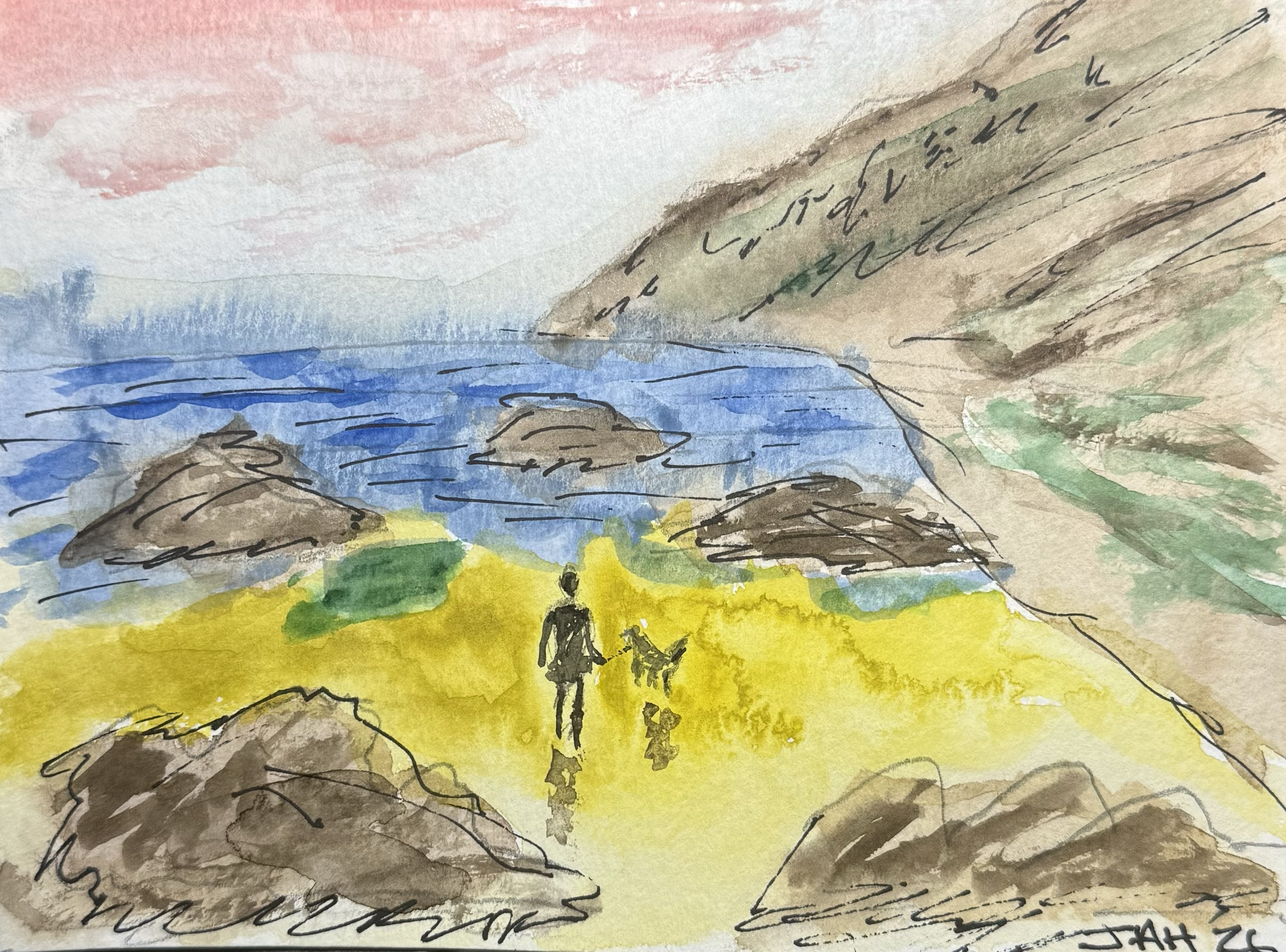 A watercolor painting of a coastal landscape featuring a river or boat in the water, rocky cliffs along the shoreline, a person walking with a dog, and a colorful sky with pink and orange hues.