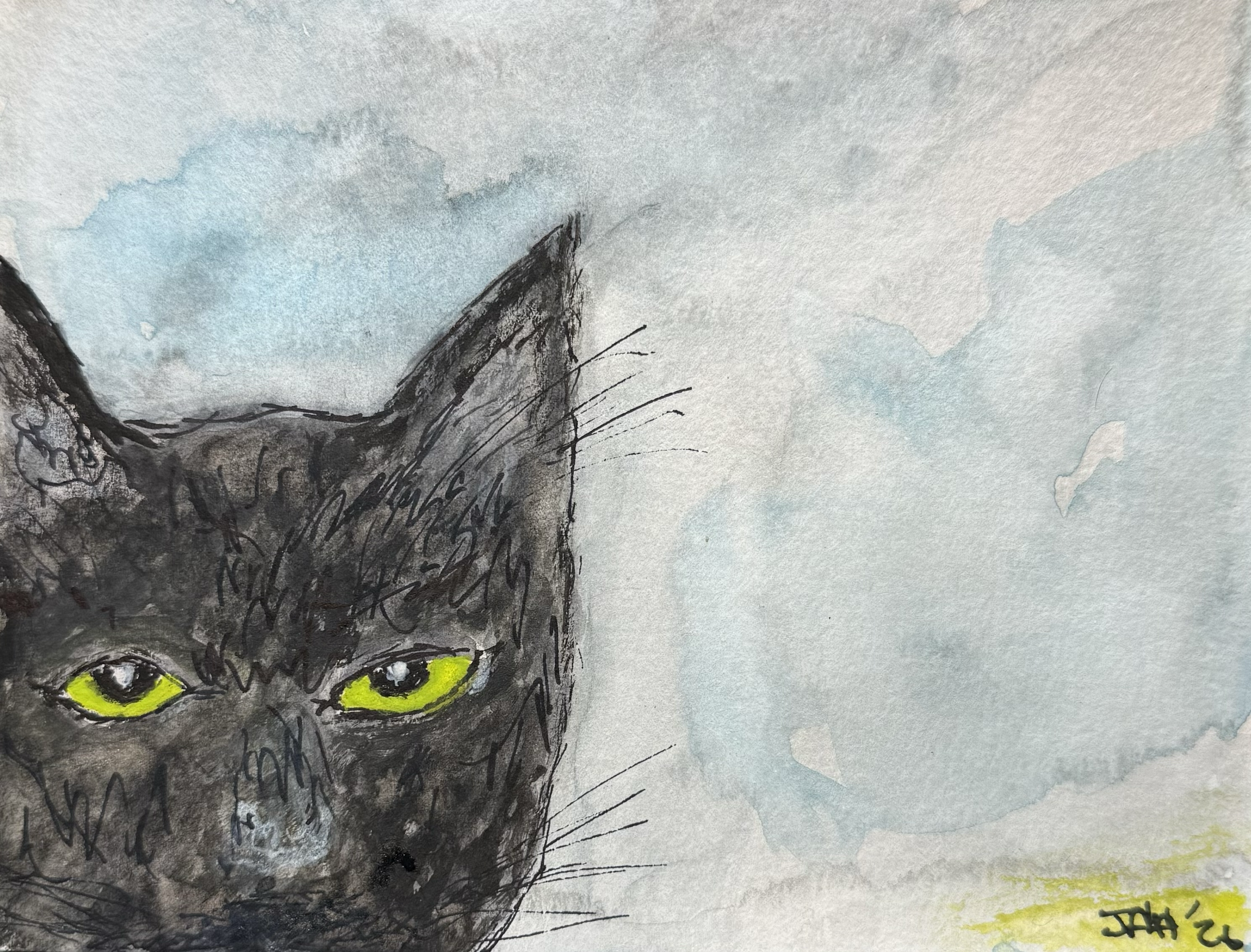 Close-up of a watercolor painting of a gray cat with bright yellow-green eyes, featuring detailed fur and whiskers, against a light, cloudy background.