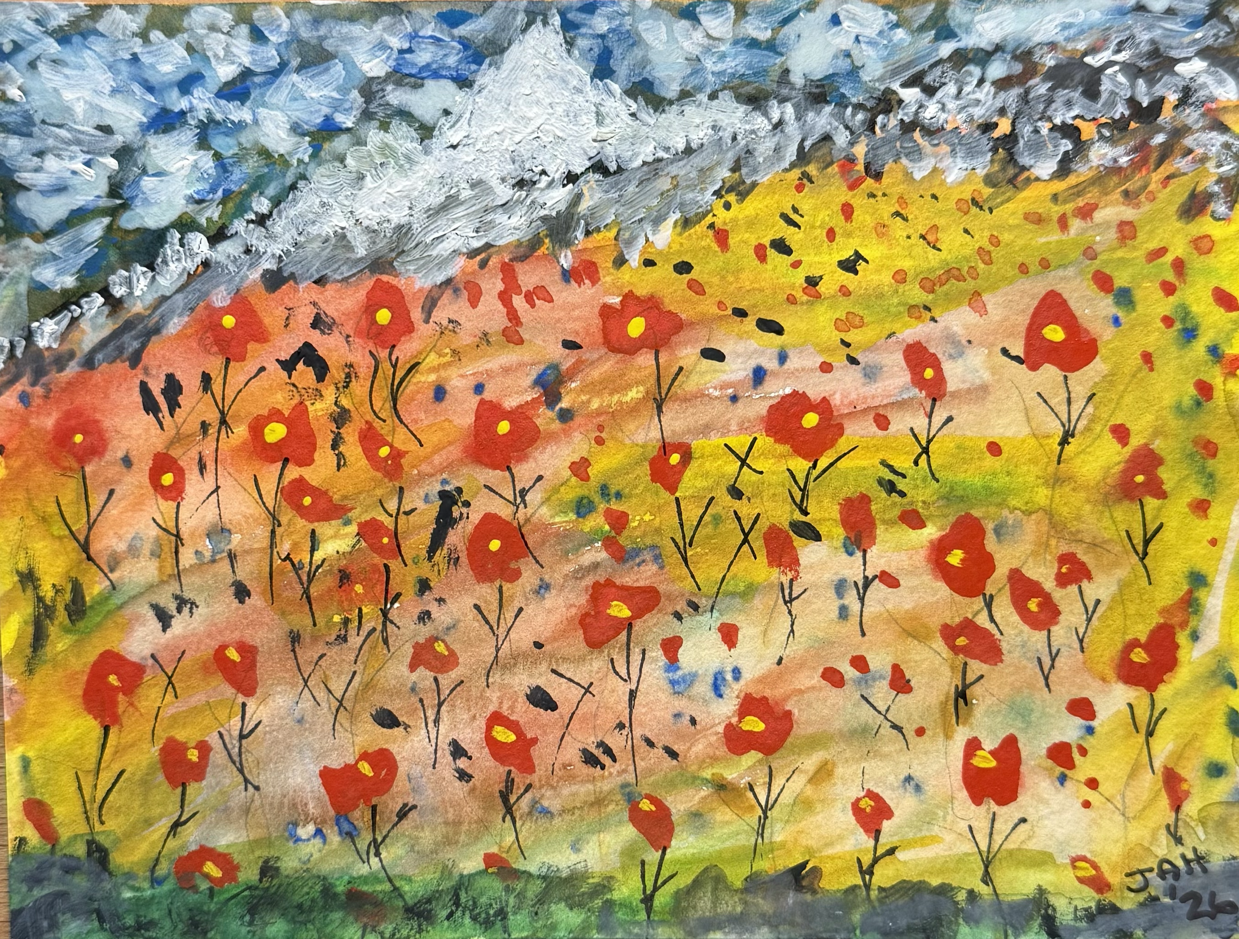 A colorful, impressionistic painting of a landscape featuring a cloudy sky, a bright yellow field with red poppies, and distant mountains.