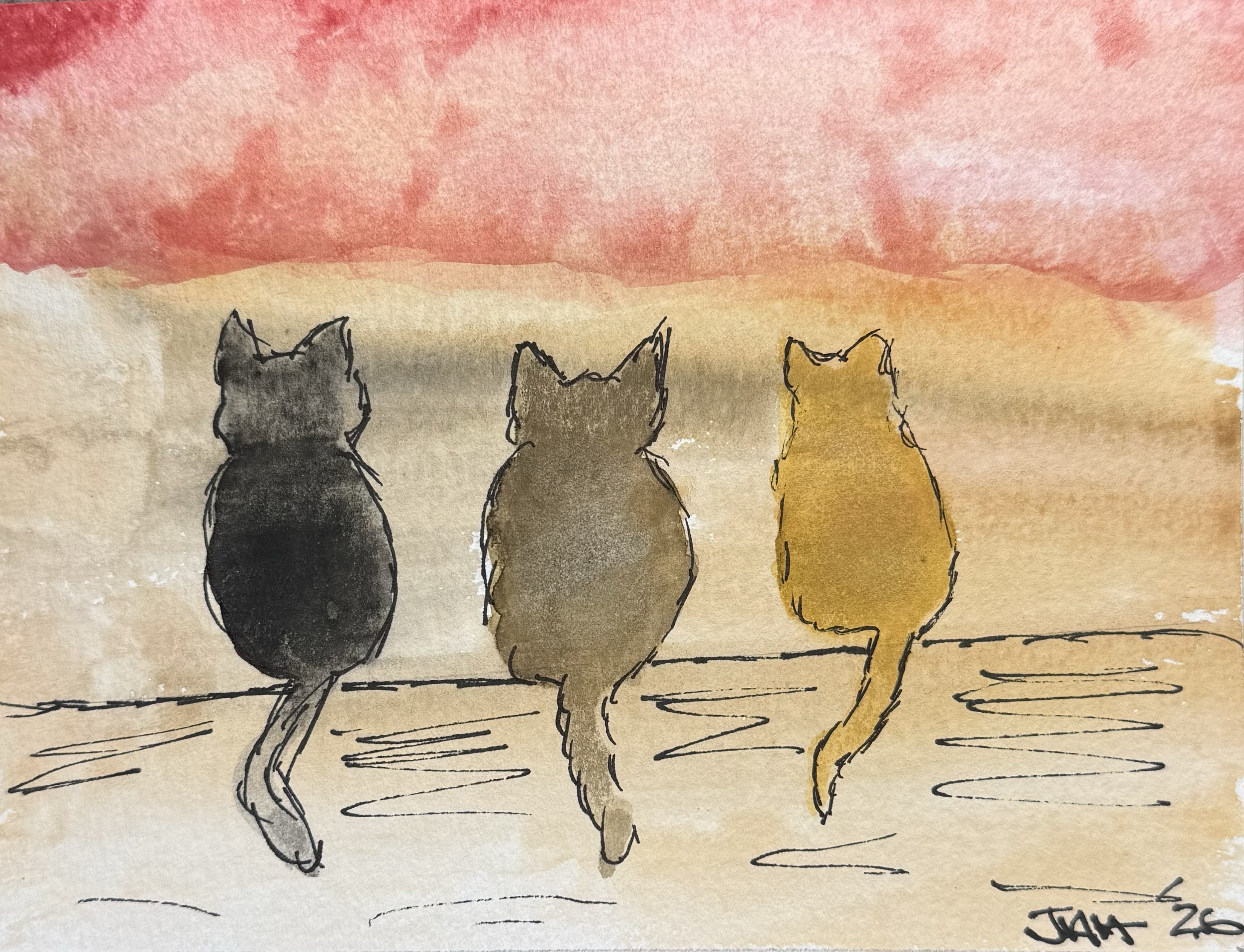Three cats, drawn with simple black lines, sit side by side facing away, looking at a pink, orange, and yellow watercolor sky. Ground lines indicate they are sitting on a surface.